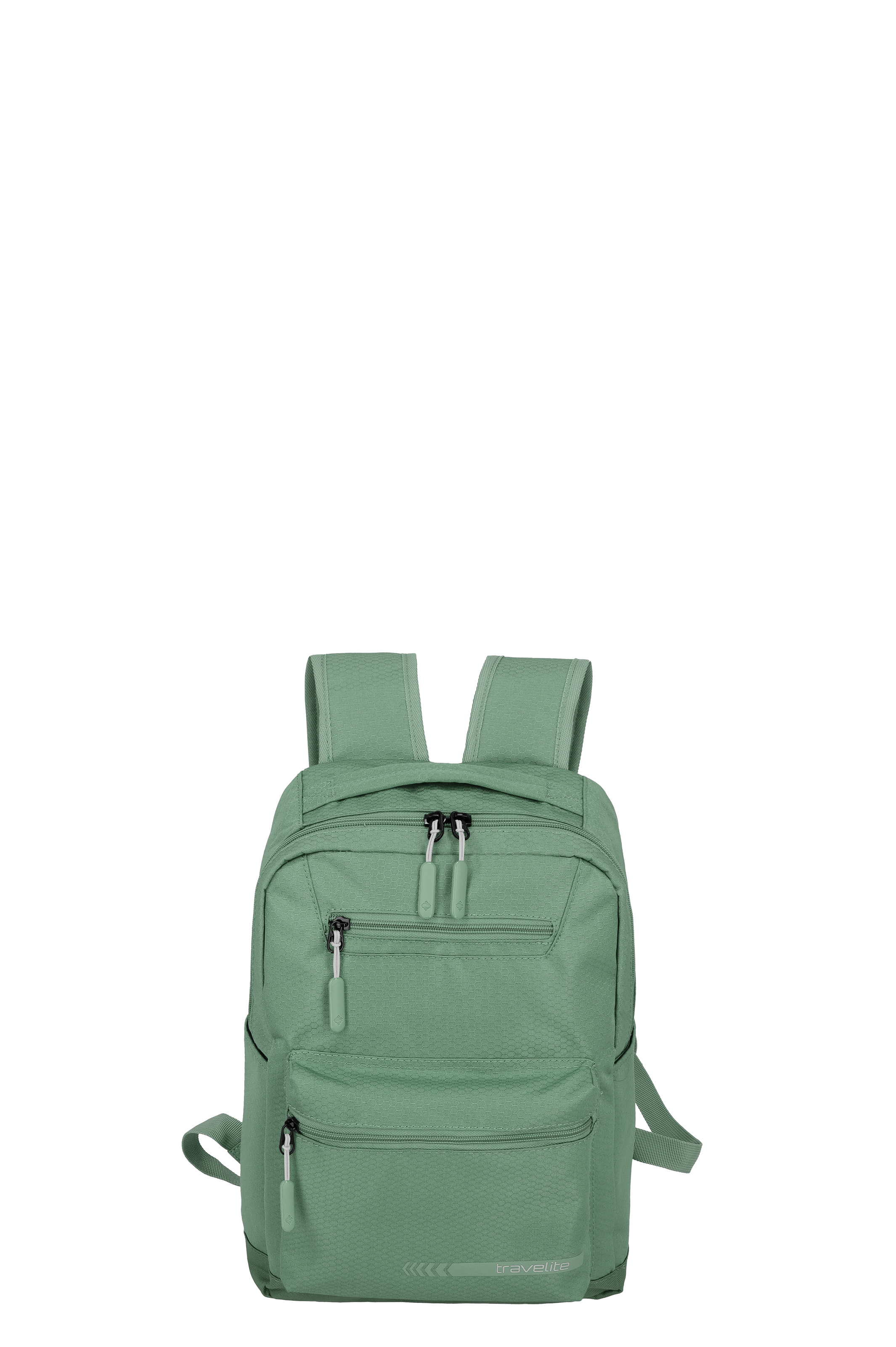 Ein hellgrüner TRAVELITE Rucksack M mit zwei Schultergurten und mehreren Reißverschlusstaschen ist vor einem schwarzen Hintergrund zu sehen. Die Textur des Rucksacks ist leicht gemustert, und an den Reißverschlüssen hängen weiße Bänder.