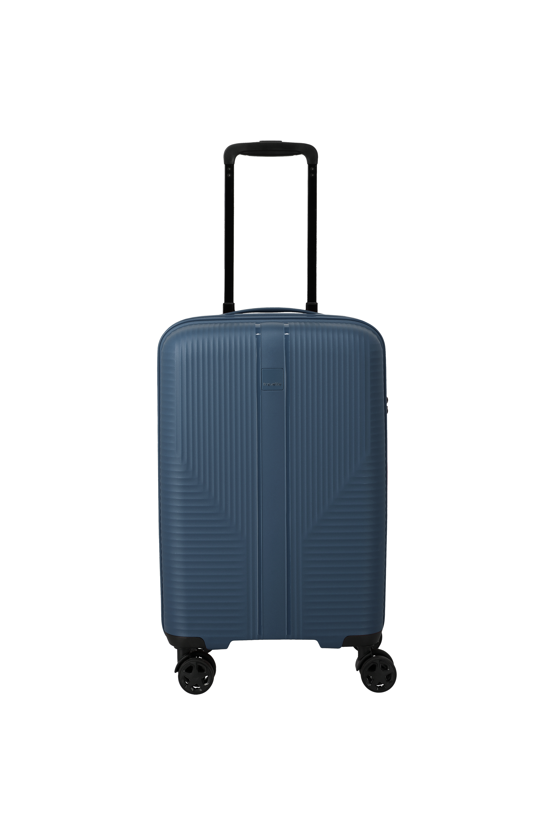 Ein blauer Slim Koffer von TRAVELITE steht aufrecht, mittig auf schwarzem Hintergrund. Der Koffer hat vier schwarze Rollen und einen schwarzen ausziehbaren Griff. Das Gehäuse ist mit einem linearen Muster versehen, das horizontal verläuft.