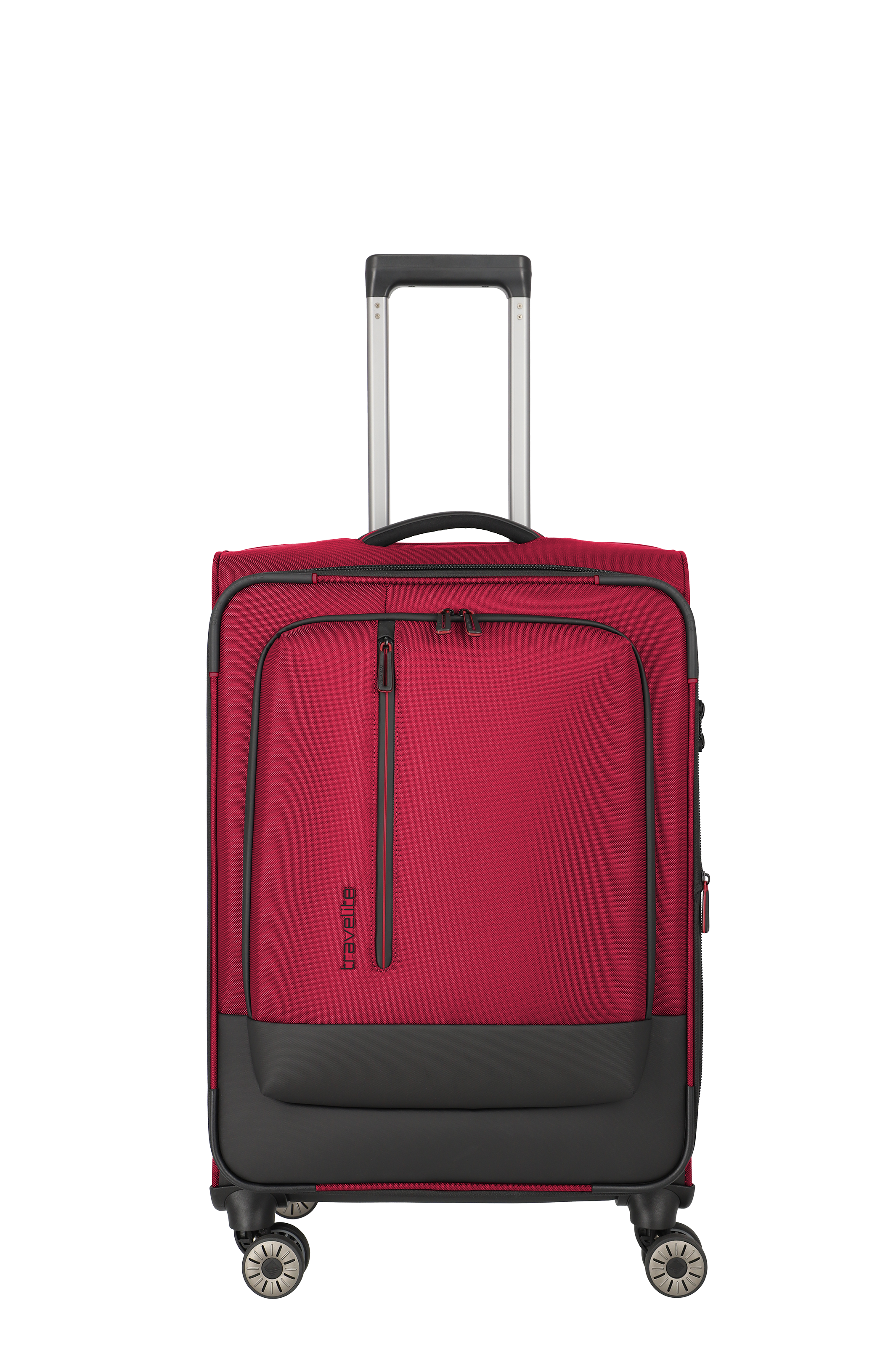 Roter Trolley-Koffer mit vier Rollen und Teleskopgriff, ideal als Handgepäck für Reisen Roter Reisekoffer mit vier Rollen und ausziehbarem Griff, geeignet für Handgepäck