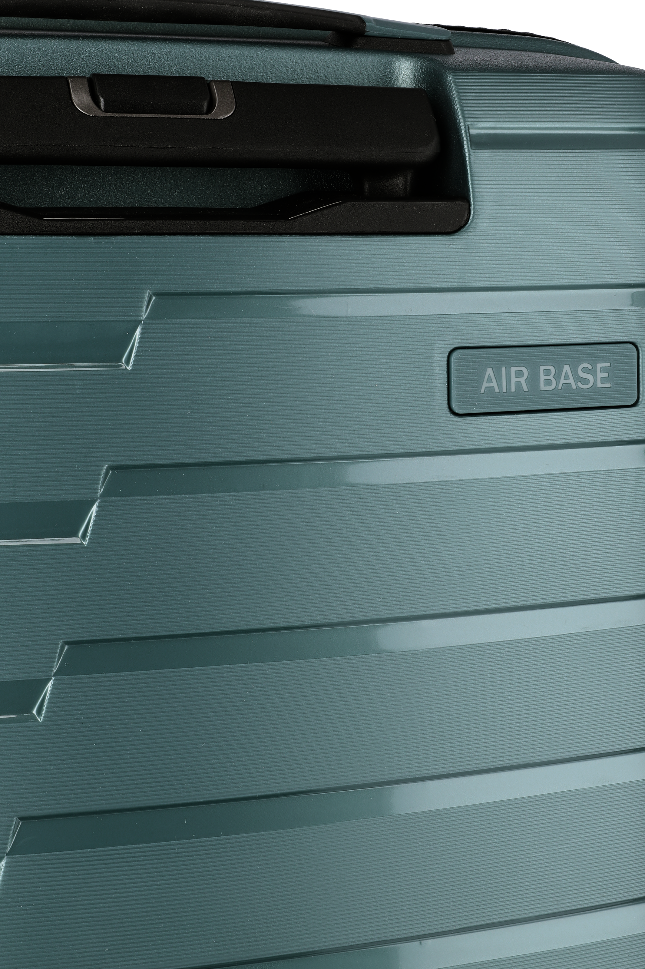 Detailansicht eines modernen Hartschalenkoffers in Blau mit AIR BASE Logo