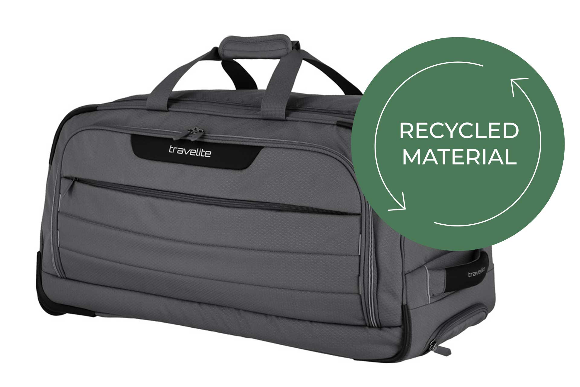 Graue Reisetasche aus recyceltem Material von travelite Graue Reisetasche von travelite, hergestellt aus recyceltem Material, mit Reißverschlusstaschen und Tragegriffen