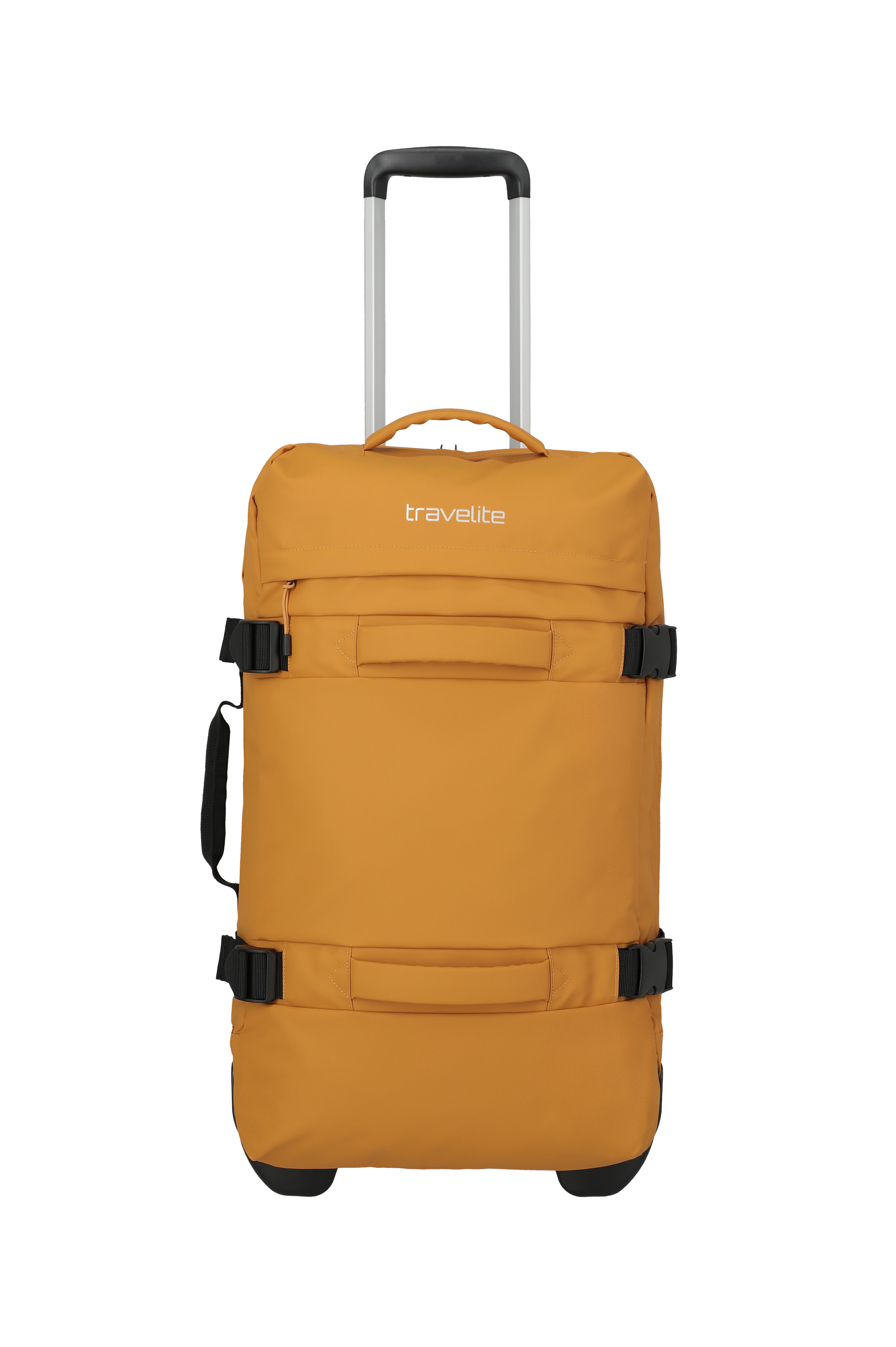 Ein senfgelber Trolley der Marke Travelite steht aufrecht vor schwarzem Hintergrund. Er hat einen ausziehbaren silbernen Griff, einen Tragegriff und zwei schwarze Gurte mit Schnallen. Auf der Vorderseite ist der Markenname in weißer Schrift zu sehen.