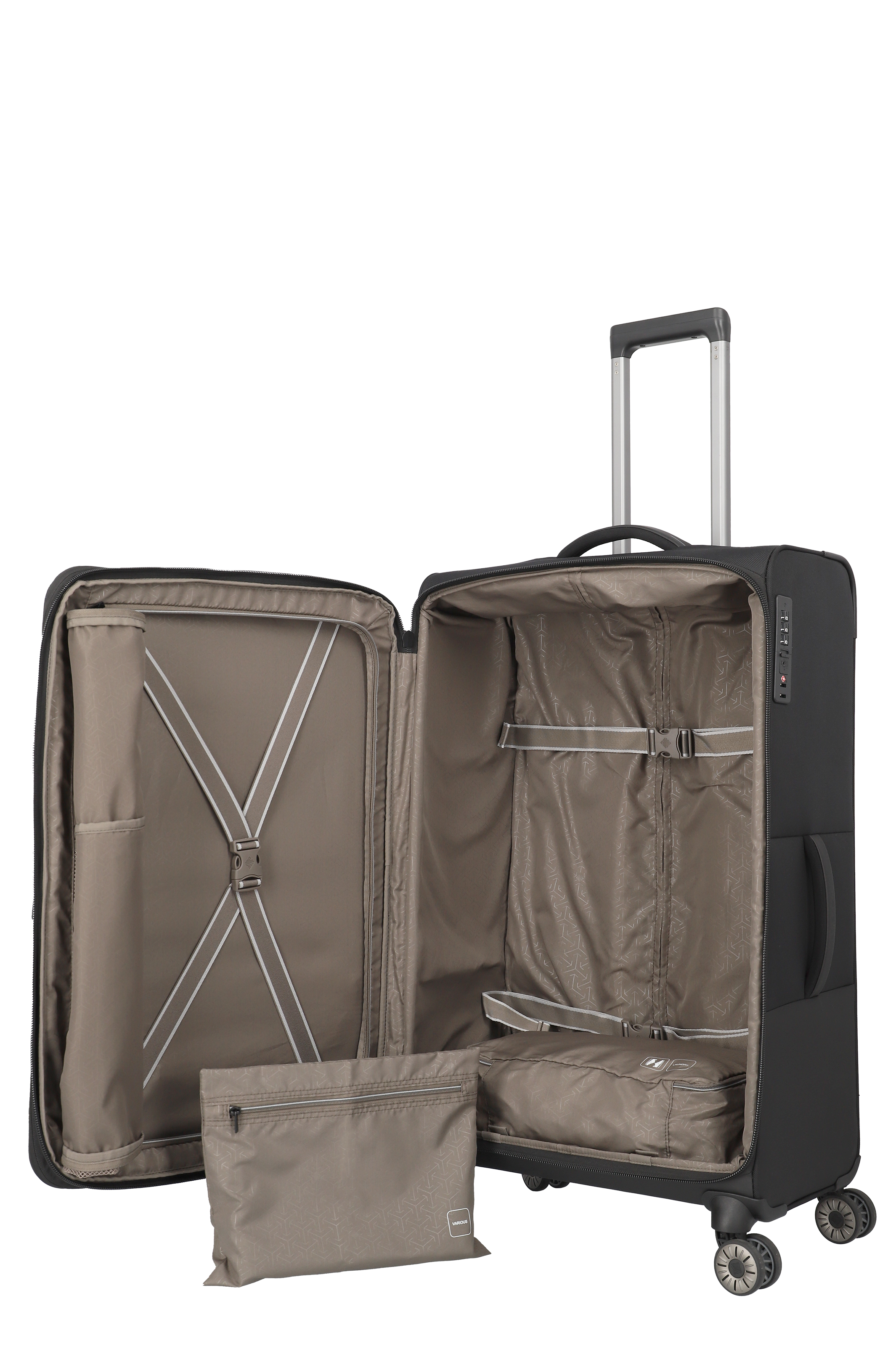 Großer schwarzer Trolley mit vier Rollen, integrierten Sicherheitsgurten und herausnehmbarer Innentasche