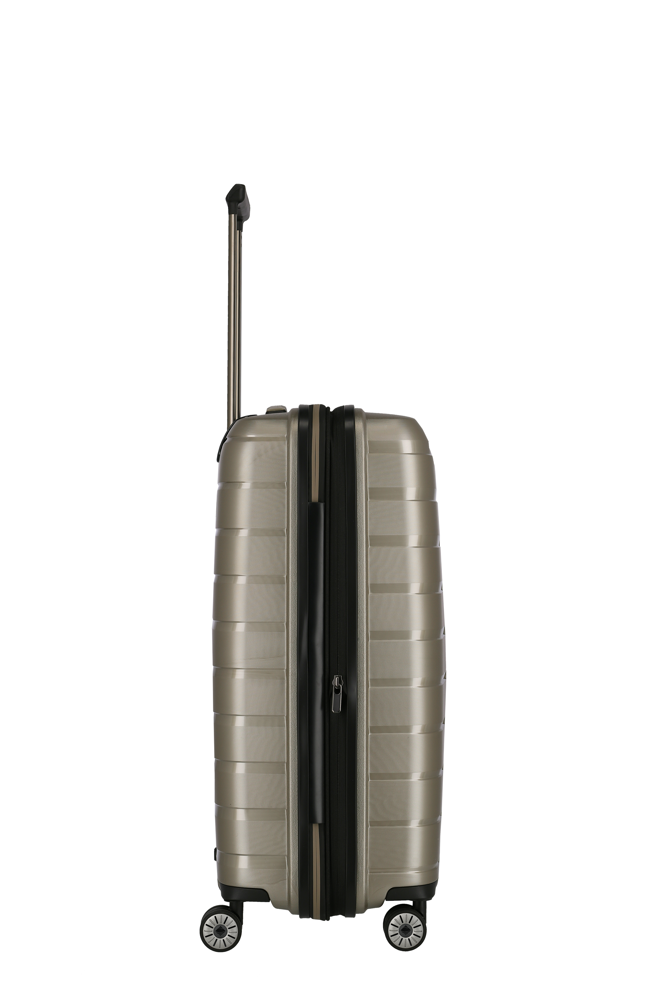 Stabiler Trolley-Koffer in silberner Hartschale mit 4 Rollen und Teleskopgriff – Seitenansicht