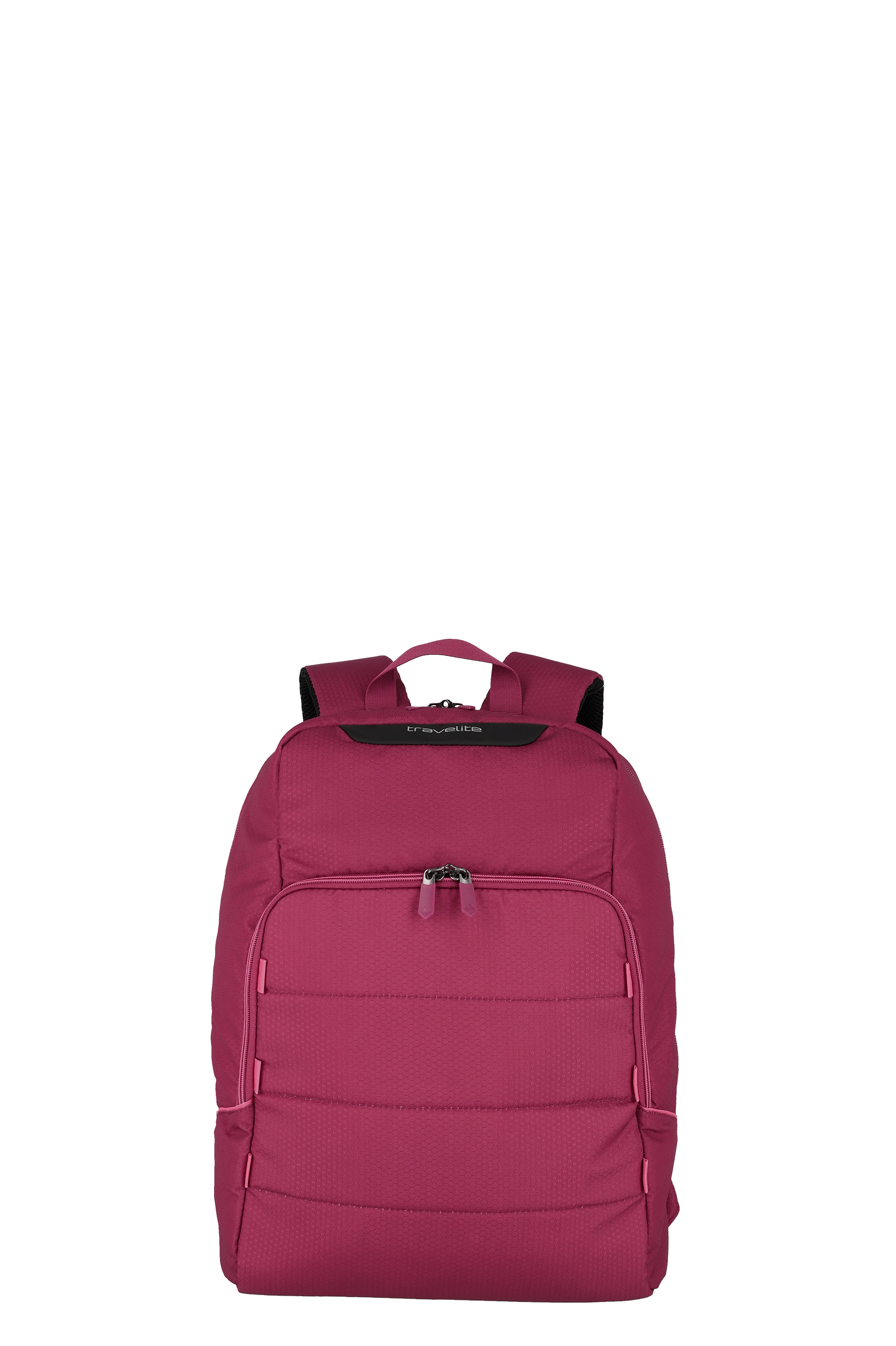 Abbildung eines bordeauxfarbenen Travelite Rucksacks mit großer Fronttasche und gepolsterten Schultergurten