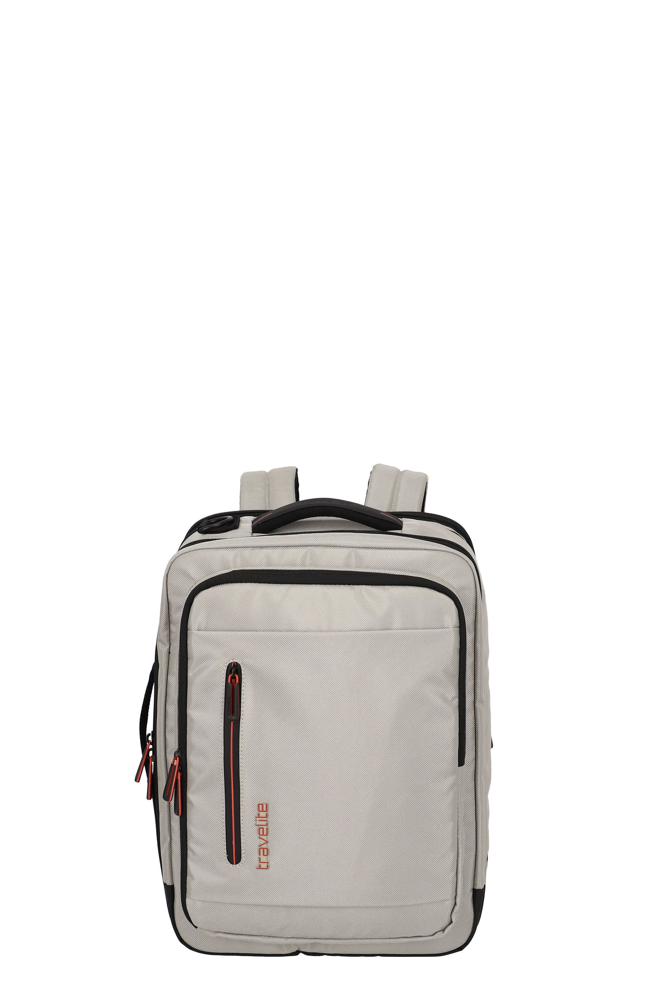 Vorderansicht eines beigen Travelite-Rucksacks mit schwarzen und orangefarbenen Details sowie mehreren Reißverschlussfächern