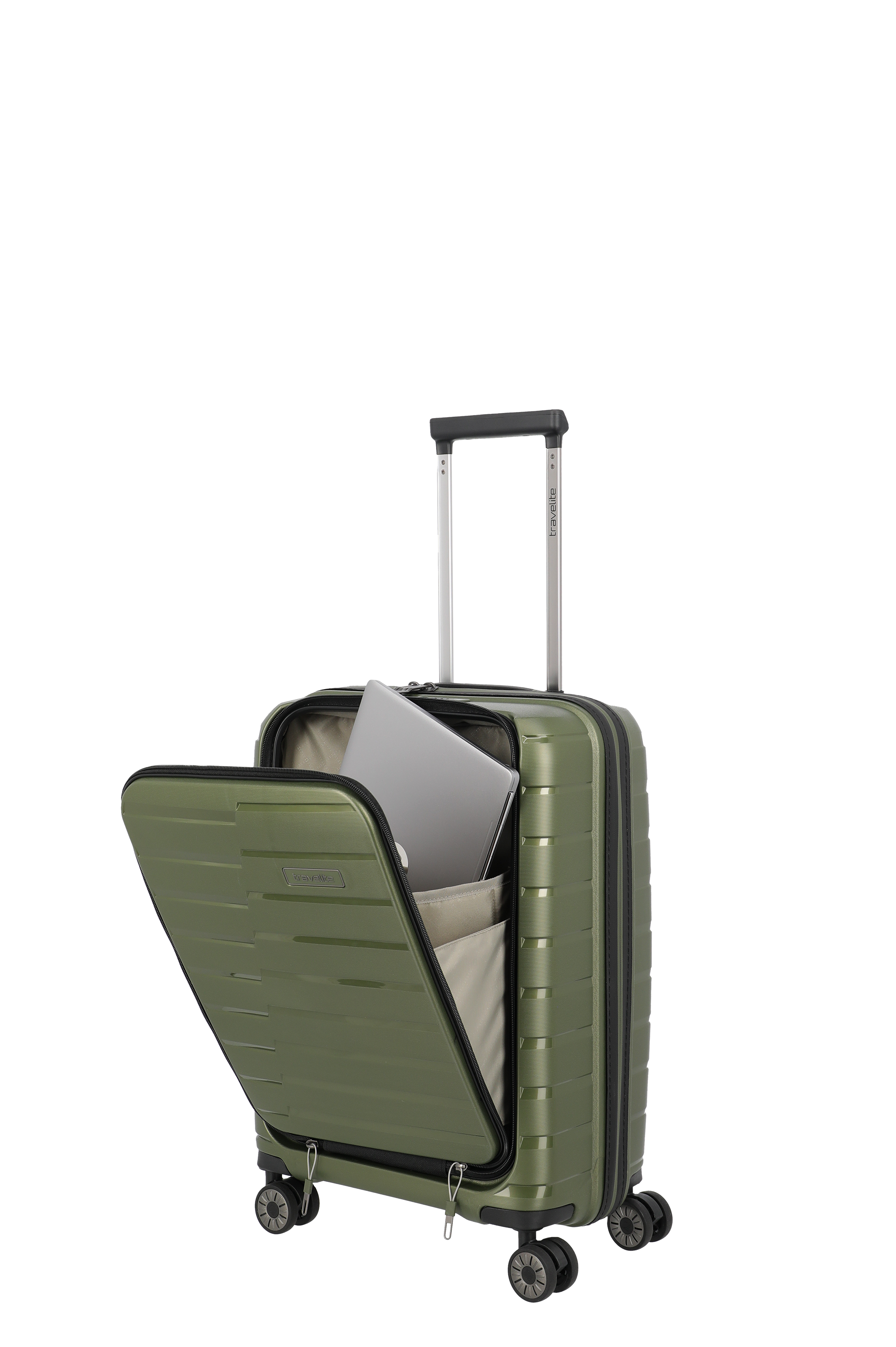 Grüner Hartschalen-Trolley mit Fronttasche und Laptopfach, ideal als Handgepäck