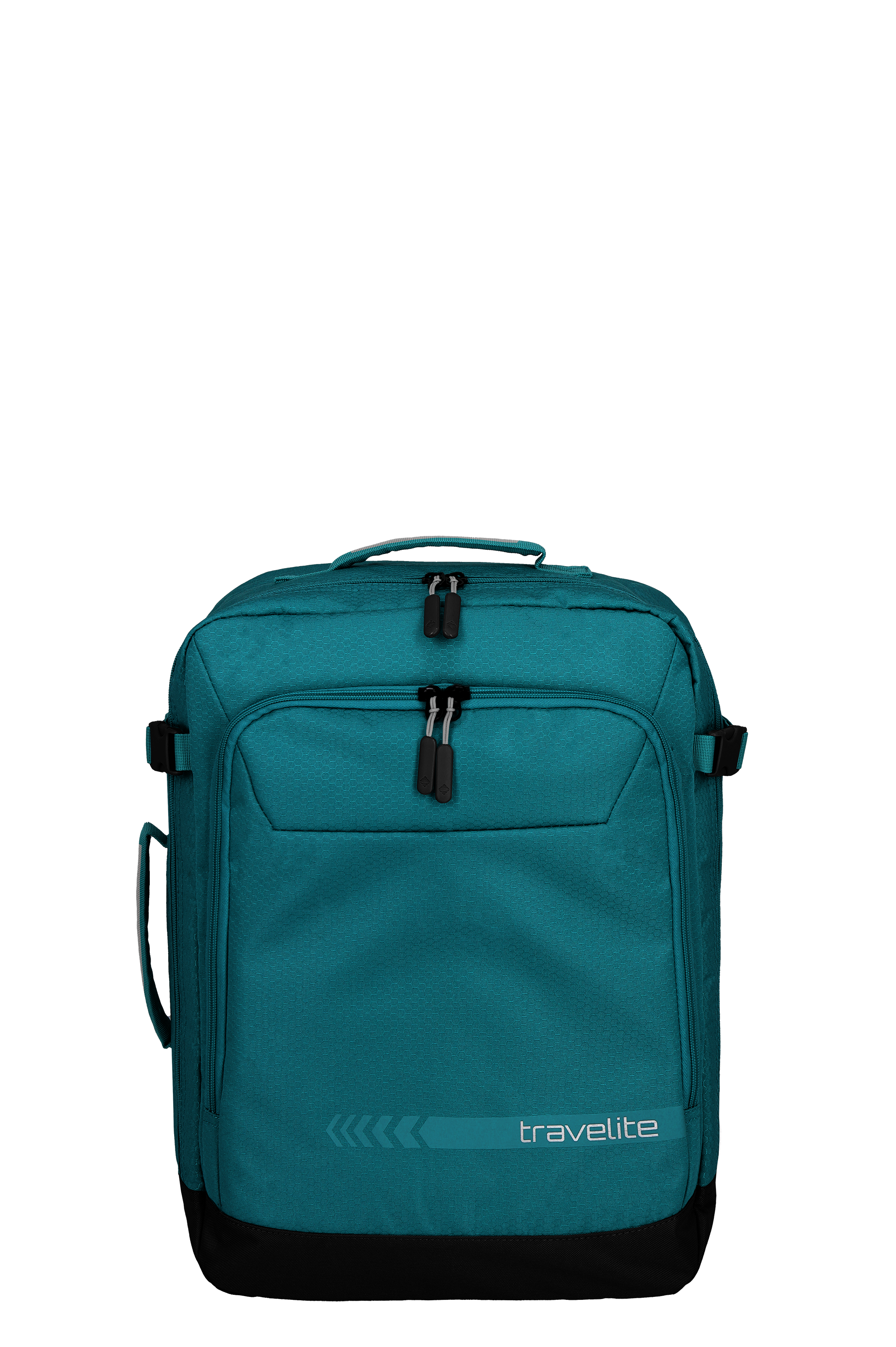 Le sac à dos bleu TRAVELITE Multibag se détache sur un fond noir. Le sac à dos a une forme parallélépipédique avec plusieurs fermetures éclair et une poche plaquée. Sur le côté se trouve le logo TRAVELITE. La partie inférieure est noire.