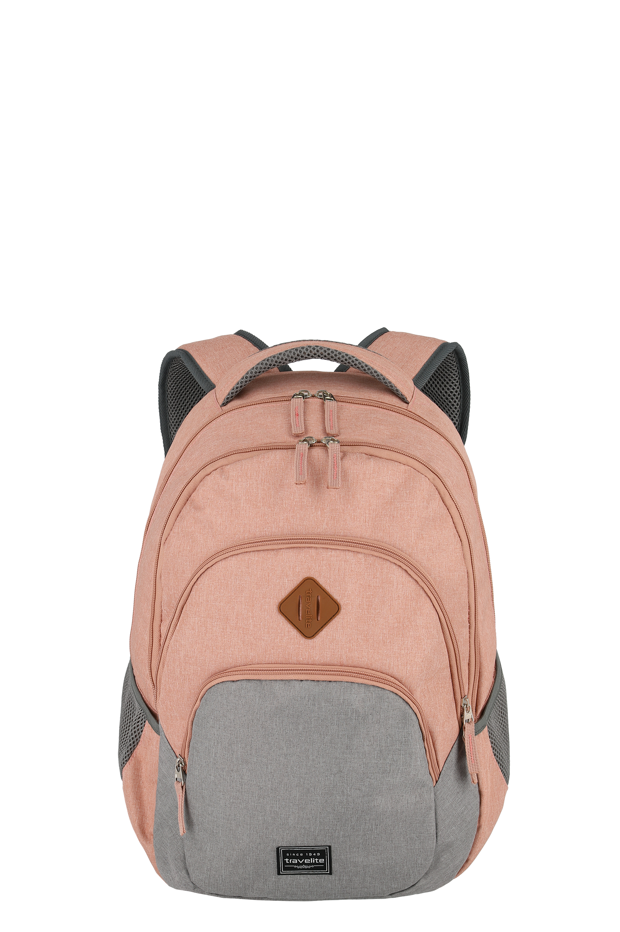 Zaino rosa e grigio con scomparti multipli con zip e spallacci imbottiti