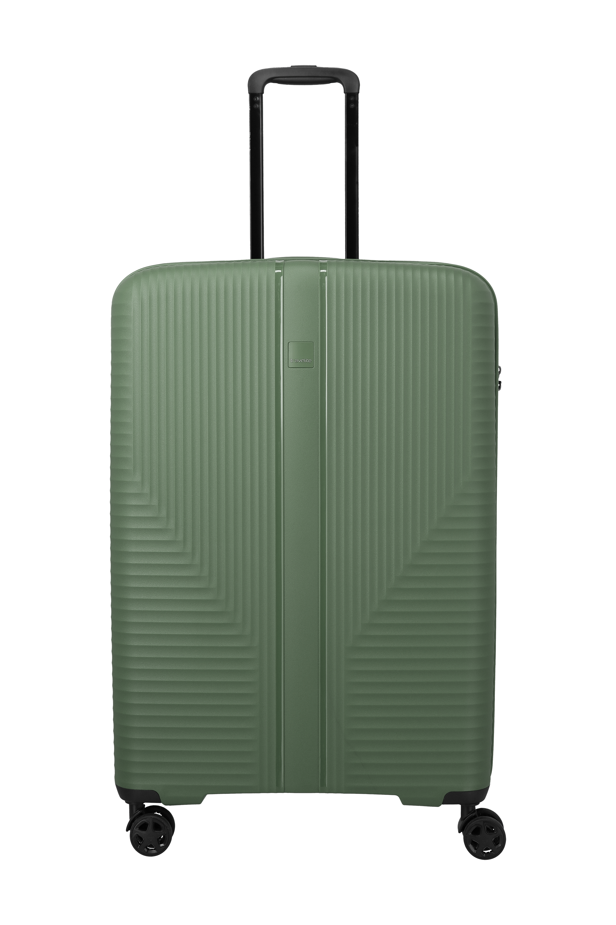 Maleta verde oliva TRAVELITE de tamaño L con cuatro ruedas y asa extensible. La superficie de la maleta presenta un dibujo geométrico y una línea central vertical y lisa. El fondo es negro.