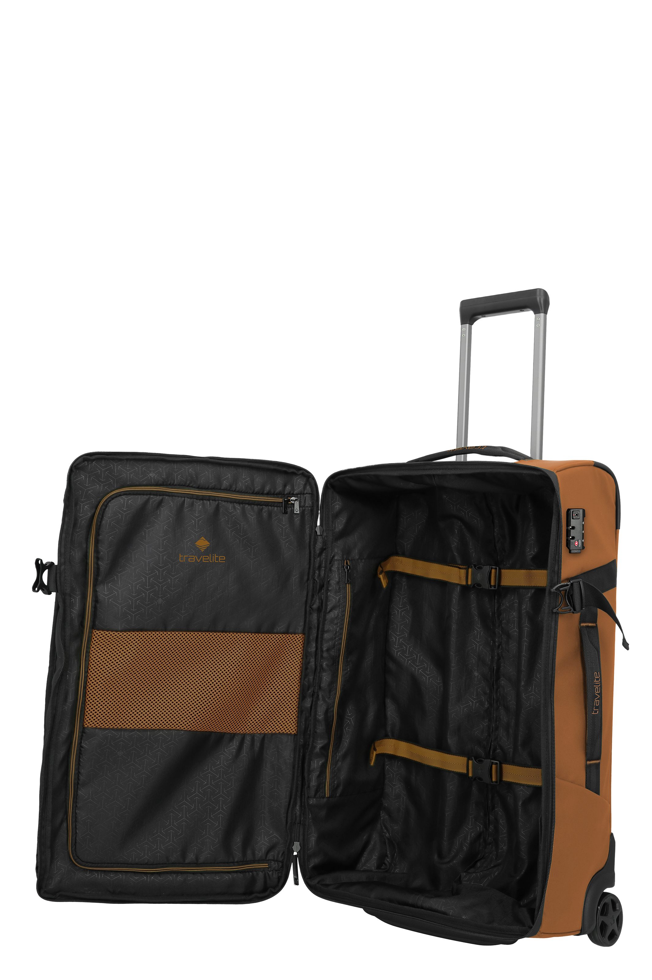 Geöffneter Reisekoffer in Braun mit geräumigem Innenfach und TSA-Schloss, von Travelite