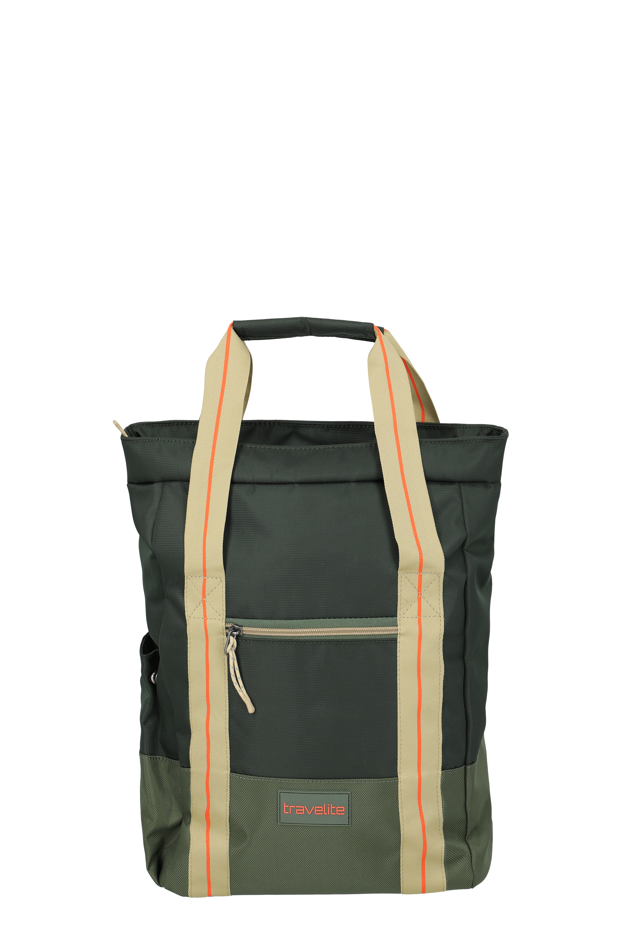 Dark green Travelite backpack with beige shoulder straps, orange details and front zip