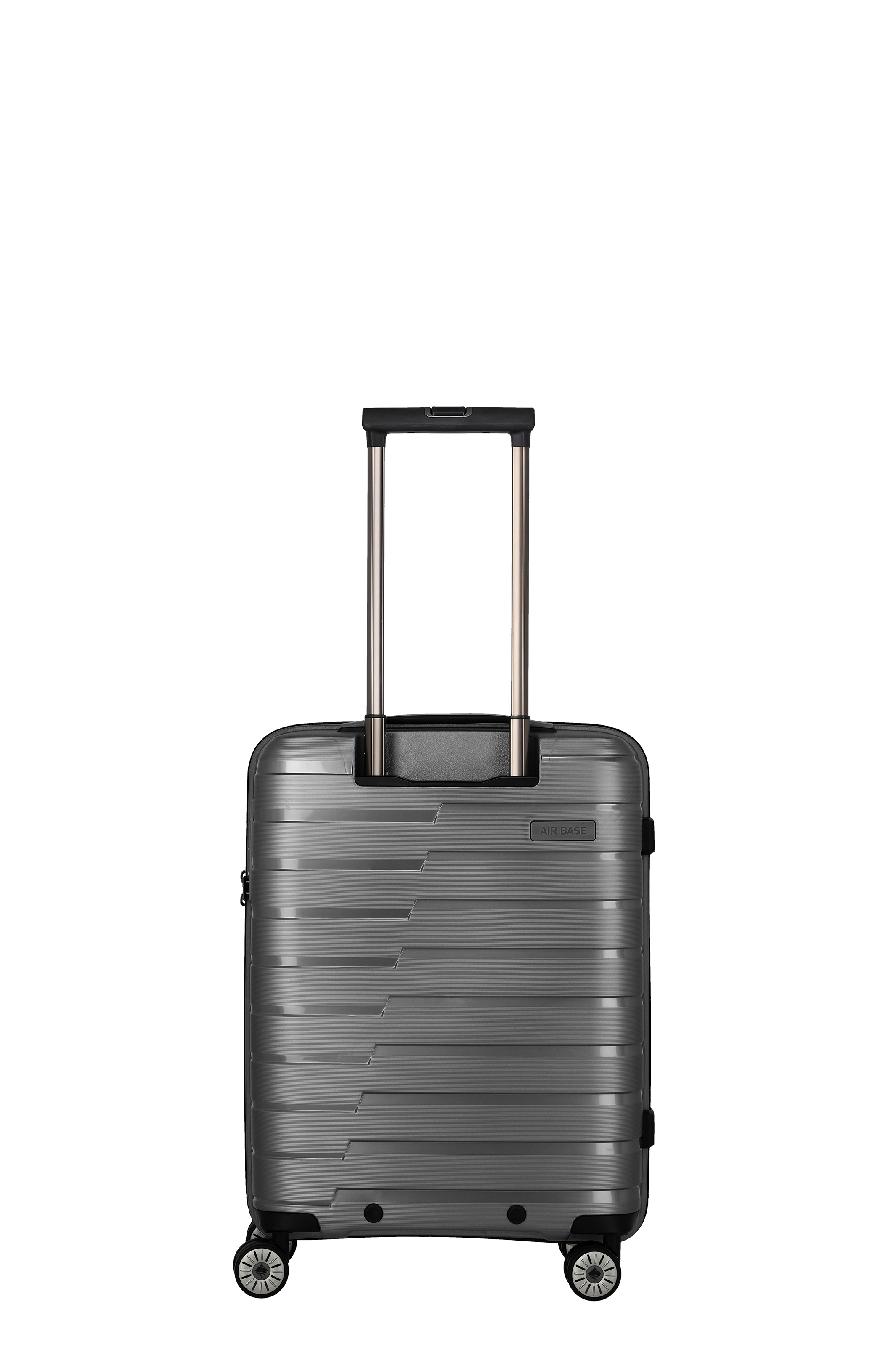 Moderner Hartschalen-Trolley in Grau mit Teleskopgriff und vier Rollen – ideal als Handgepäck für Reisen