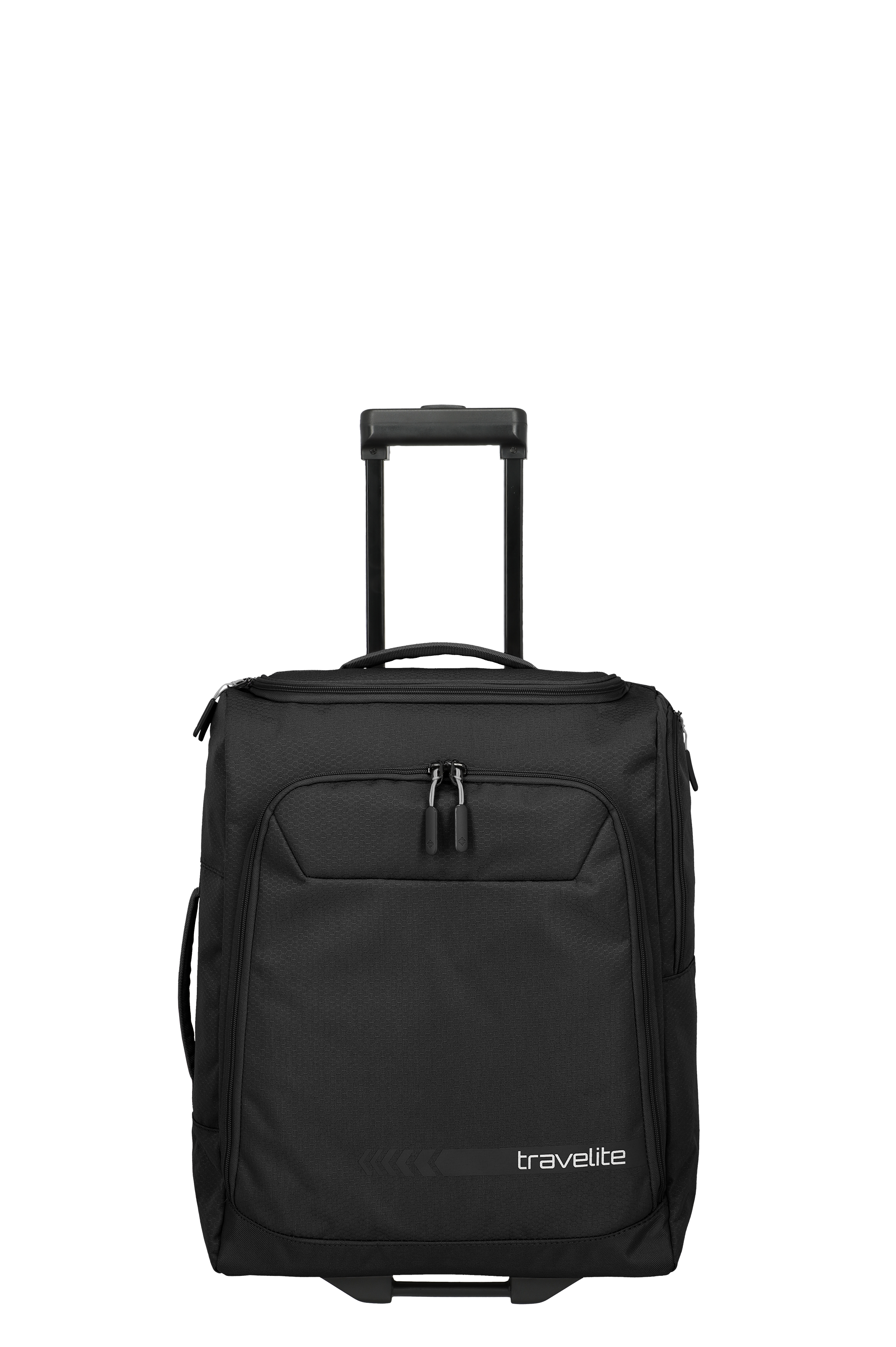 Black wheeled travel bag from the brand TRAVELITE. It has an extendable telescopic handle and wheels at the bottom. There is a patch pocket with a zip on the front. The brand logo is printed on the bottom right.