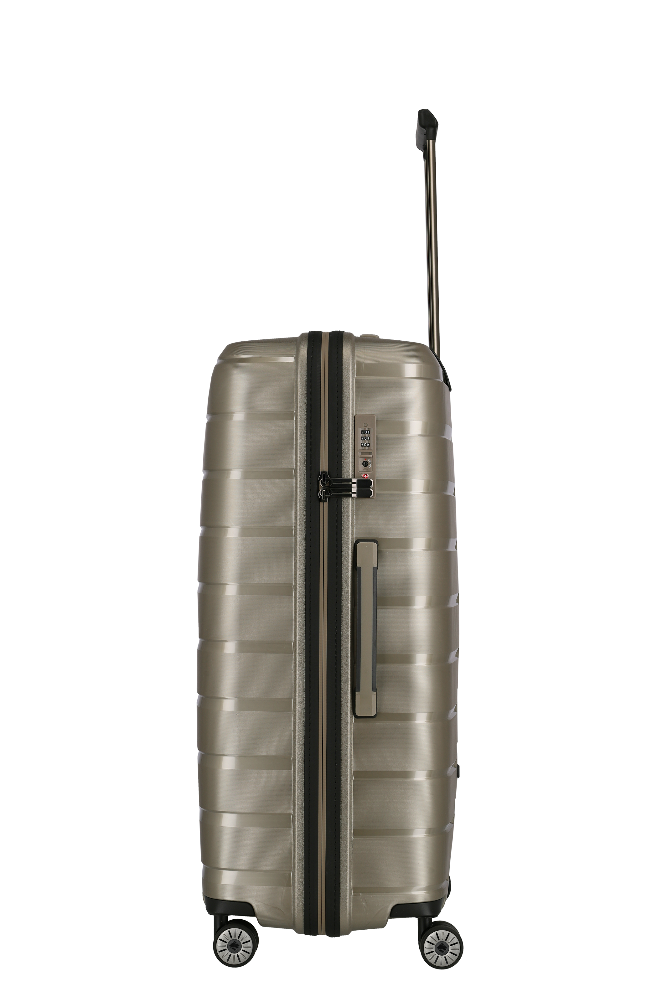 Hartschalenkoffer in Champagner mit vier Rollen und Teleskopgriff – Seitenansicht