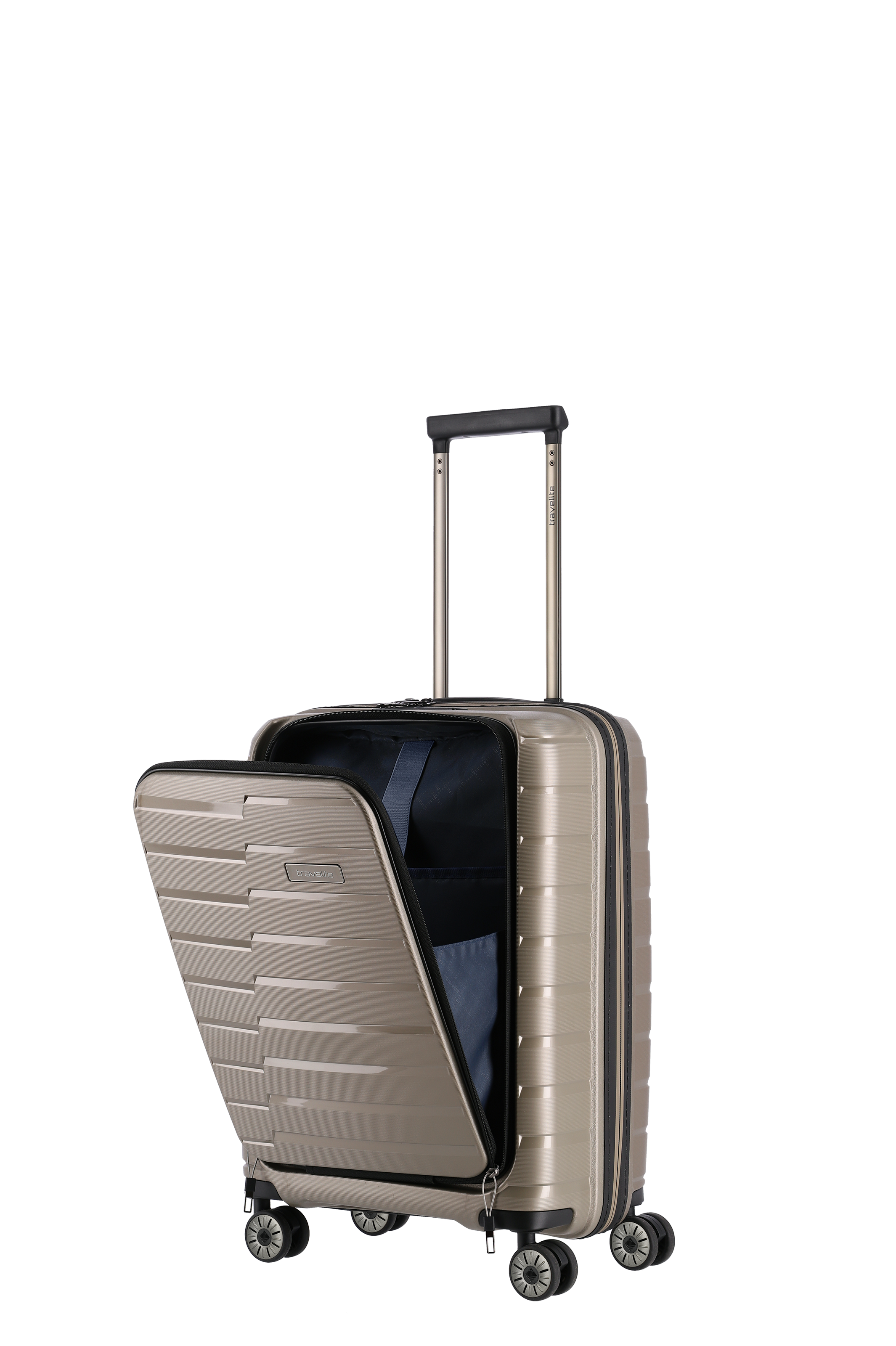 Hartschalenkoffer in Beige mit integriertem Vordertaschenfach und Teleskopgriff – ideal als Handgepäck