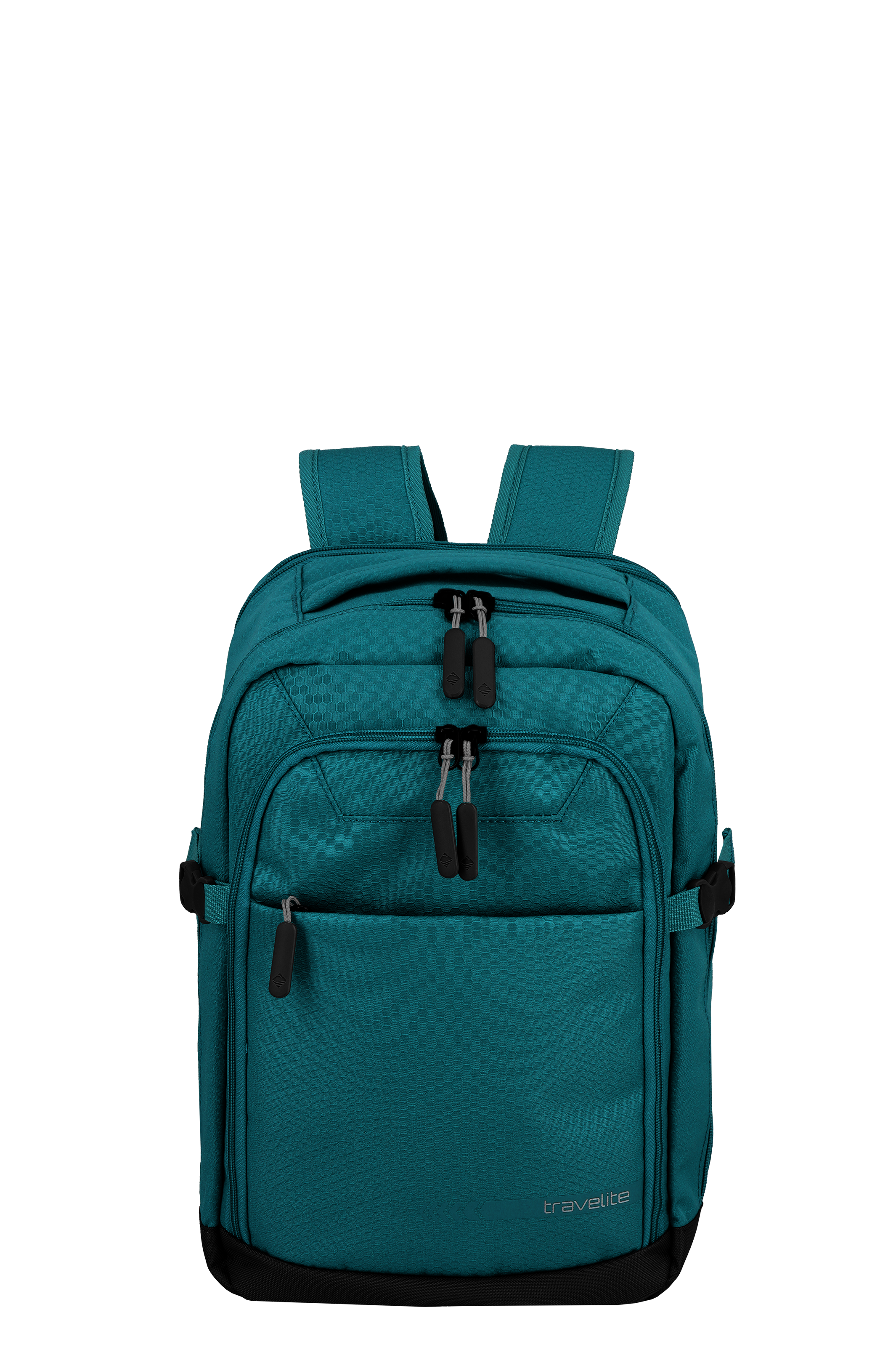 Zaino TRAVELITE blu turchese con diversi scomparti e cerniere su sfondo nero. Gli spallacci sono visibili in alto, il logo del marchio in basso.