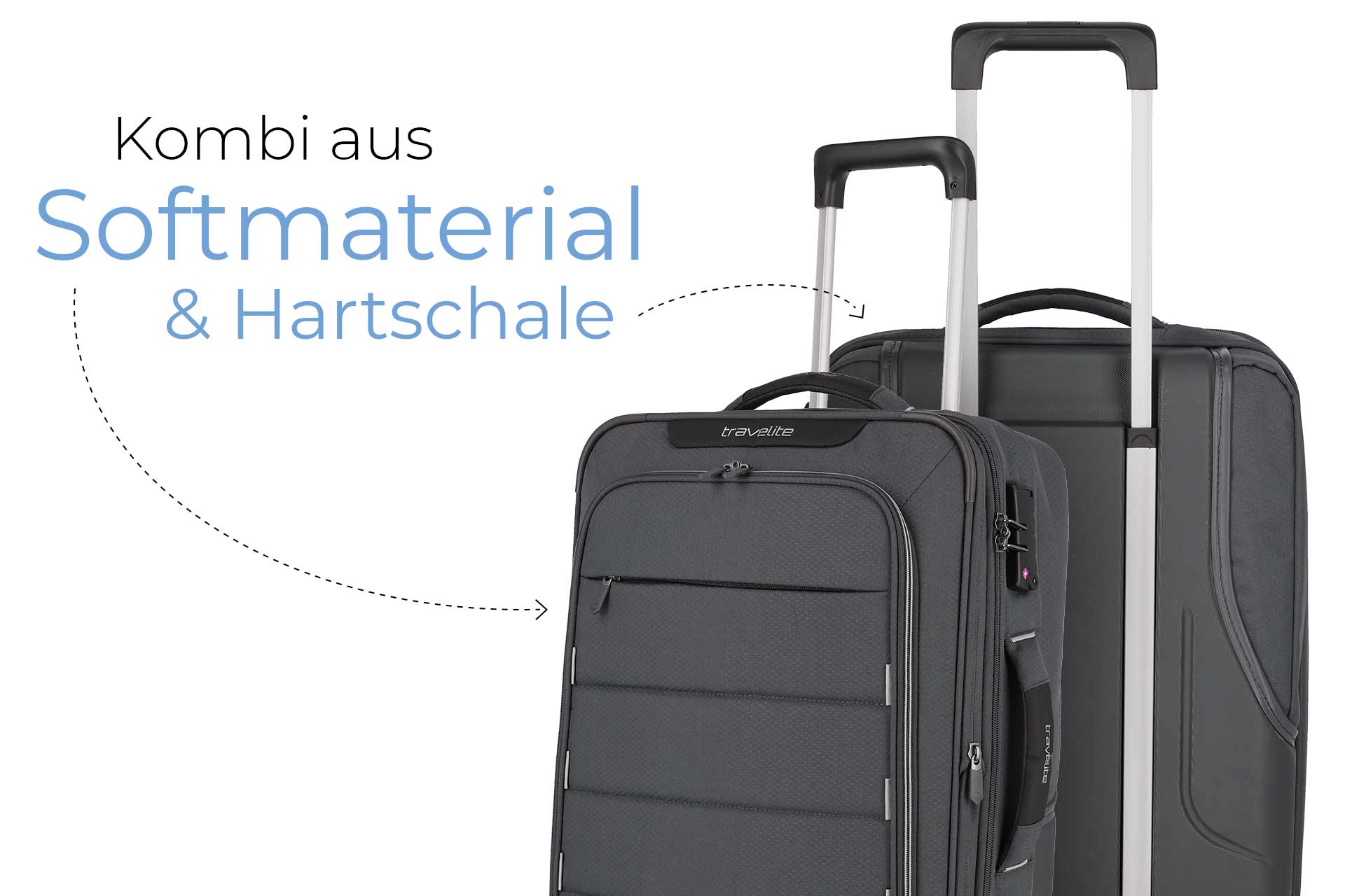 Reisekofferset aus Softmaterial und Hartschale, ideal für Reisen Zwei Reisekoffer aus einer Kombination von Softmaterial und Hartschale mit Teleskopgriffen, geeignet für komfortables Reisen