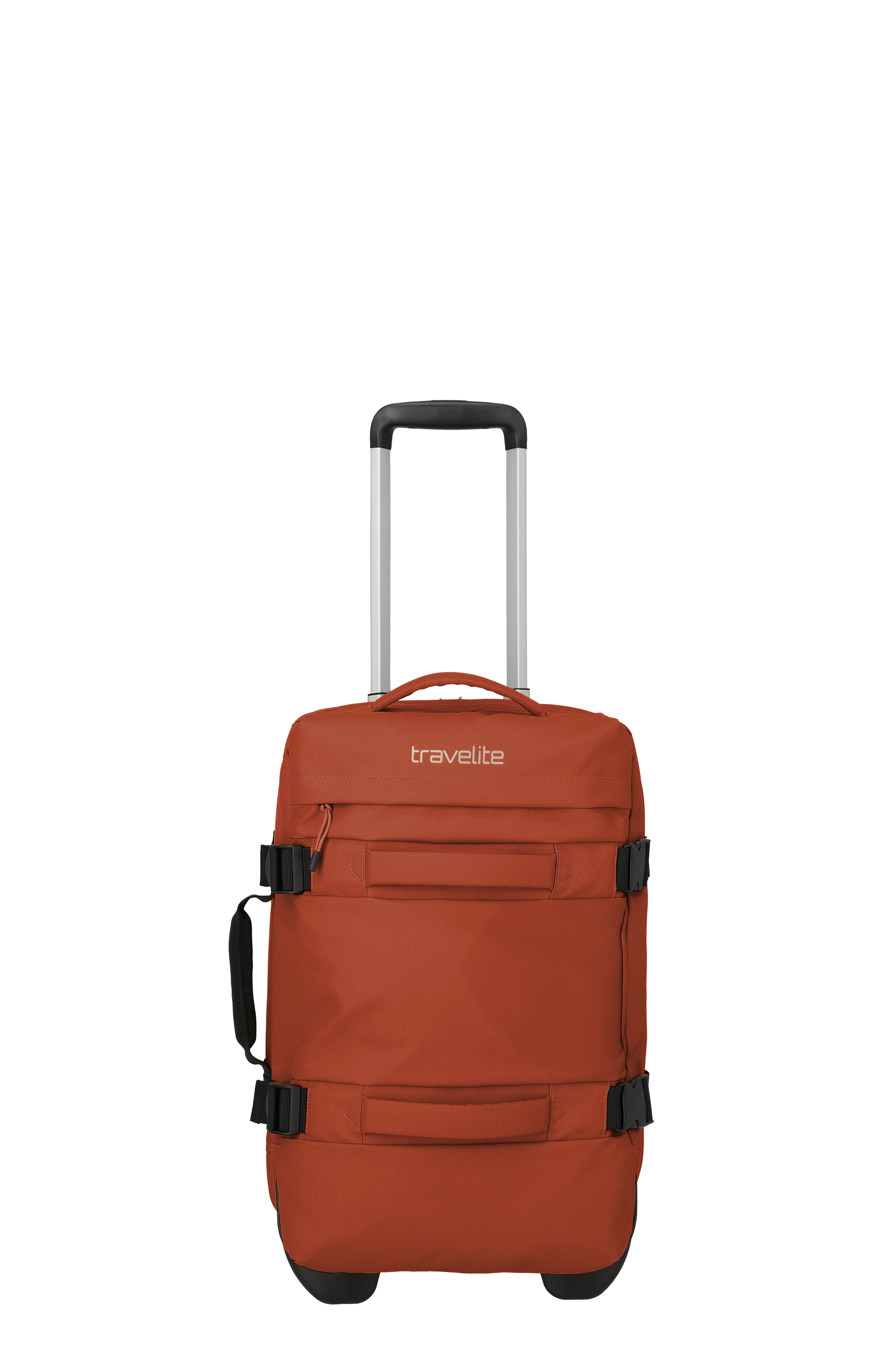 Ein orangefarbener Trolley mit silbernem Teleskopgriff steht auf einem schwarzen Untergrund. Der Koffer hat zwei Tragegriffe, schwarze Schnallen und das "travelite" Logo ist aufgedruckt.