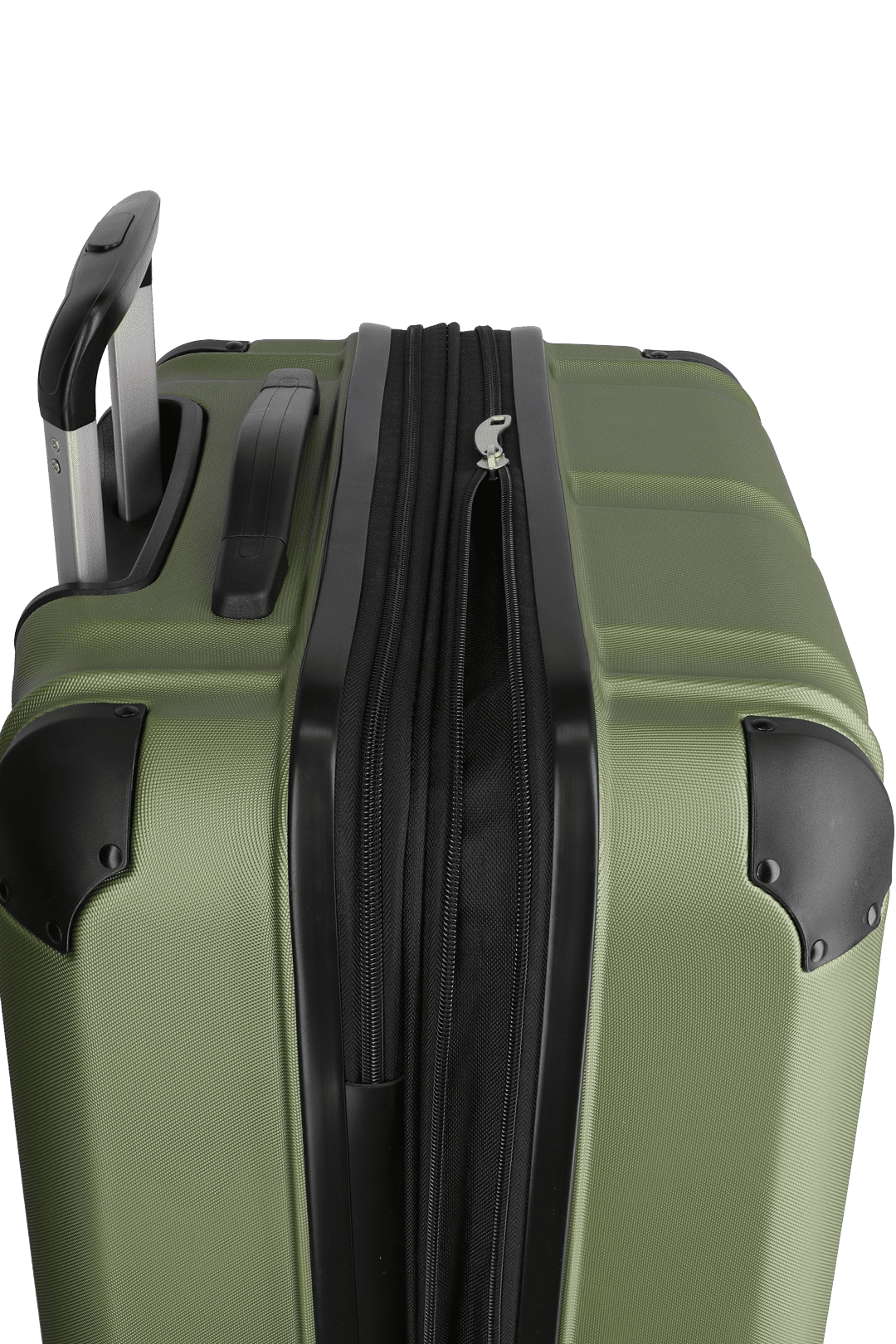 Robuster, olivgrüner Hartschalenkoffer mit Teleskopgriff und Erweiterungsmöglichkeit