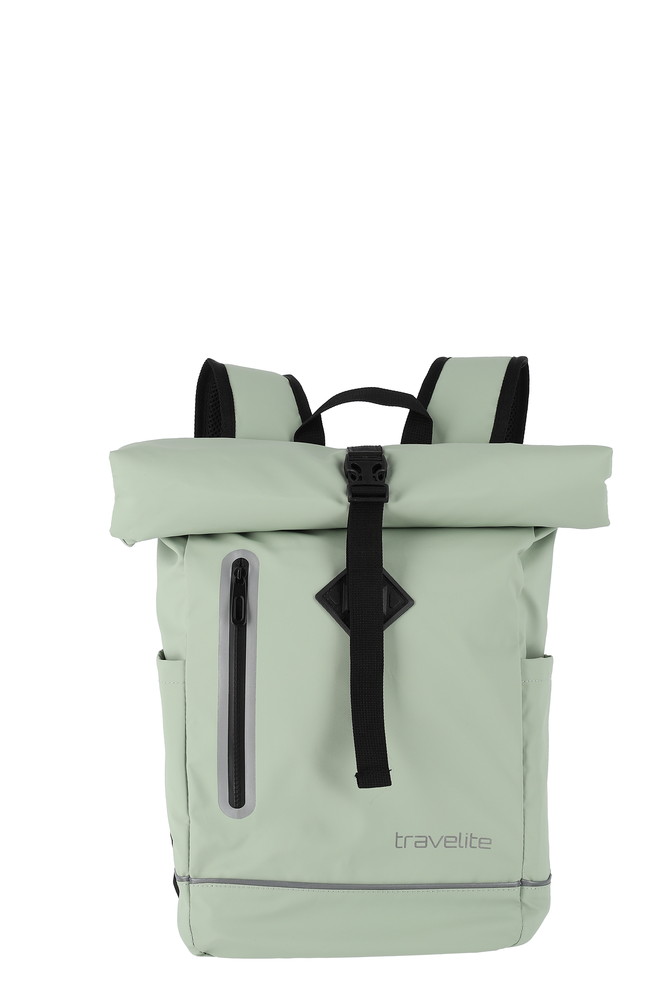 Bright TRAVELITE roll-up rucksack with roll-top fastening and black buckle. One vertical zip pocket on the left, with a narrow reflective strip underneath. Logo at the bottom right. Padded shoulder straps at the top.