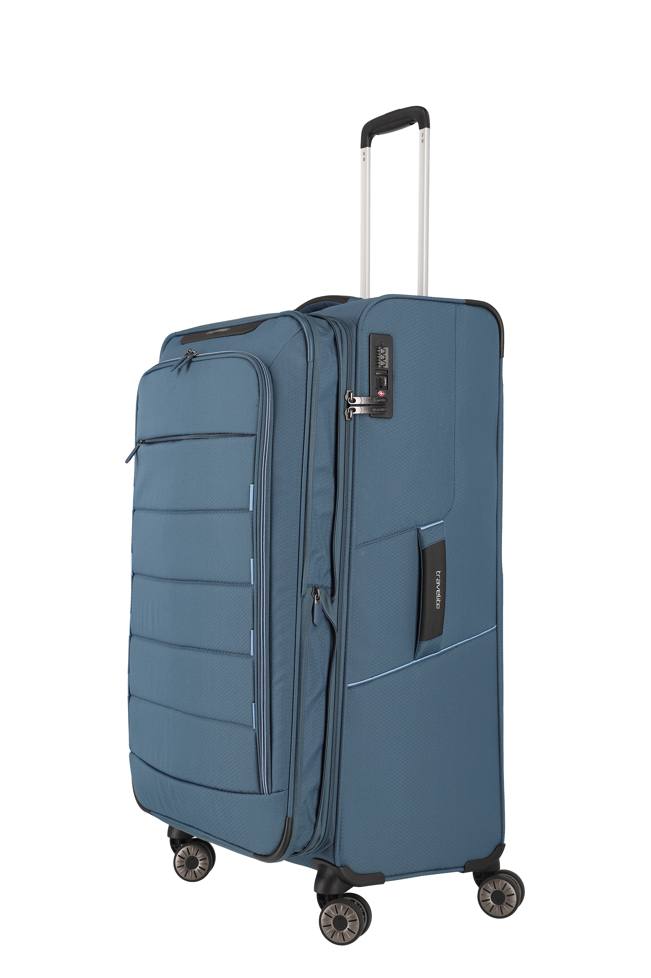 Grosser blauer Trolley-Koffer mit vier Rollen und ausziehbarem Griff für Reisen