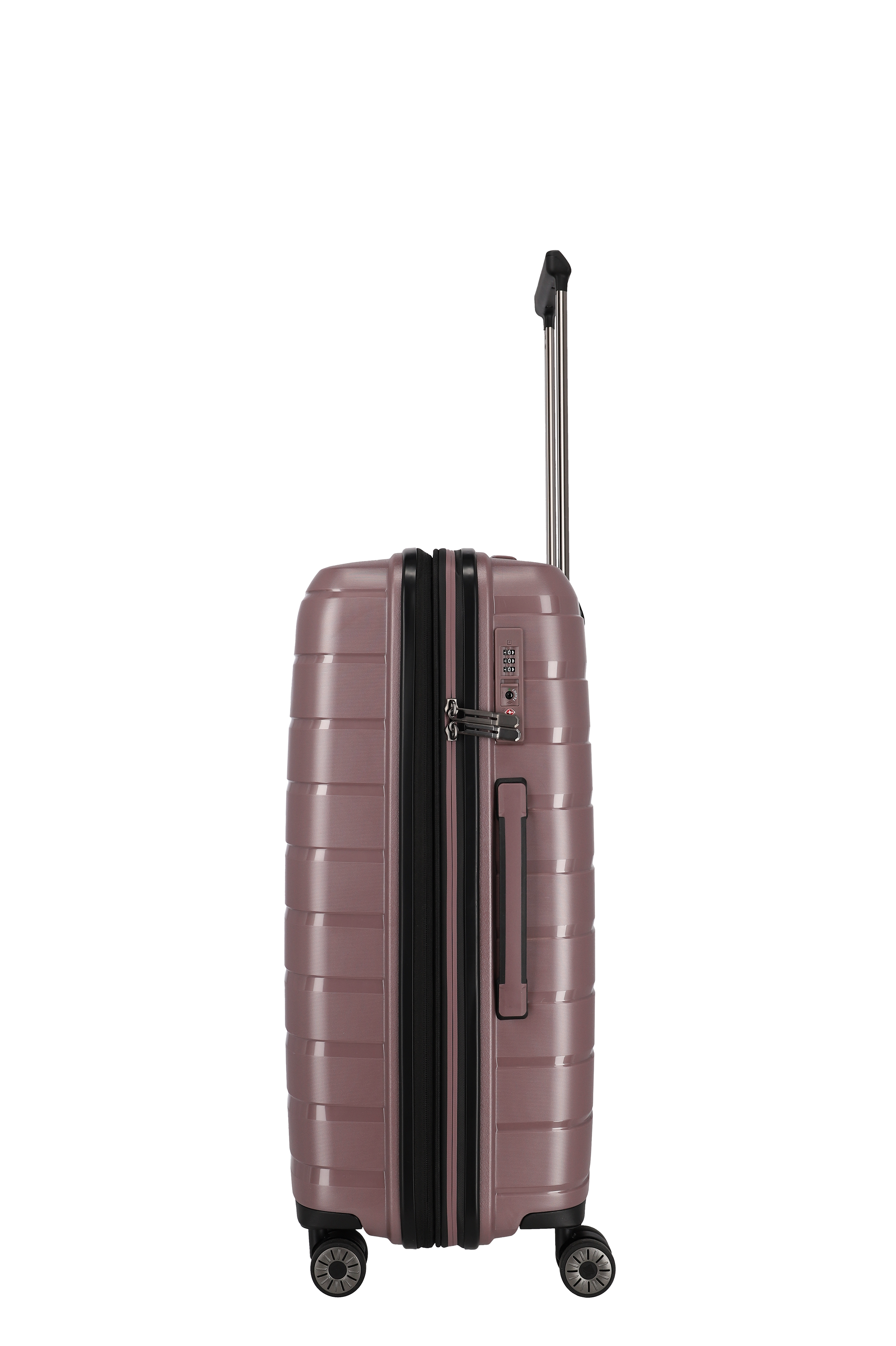 Moderner Hartschalenkoffer in Rosa mit Zahlenschloss und Teleskopgriff – Seitenansicht