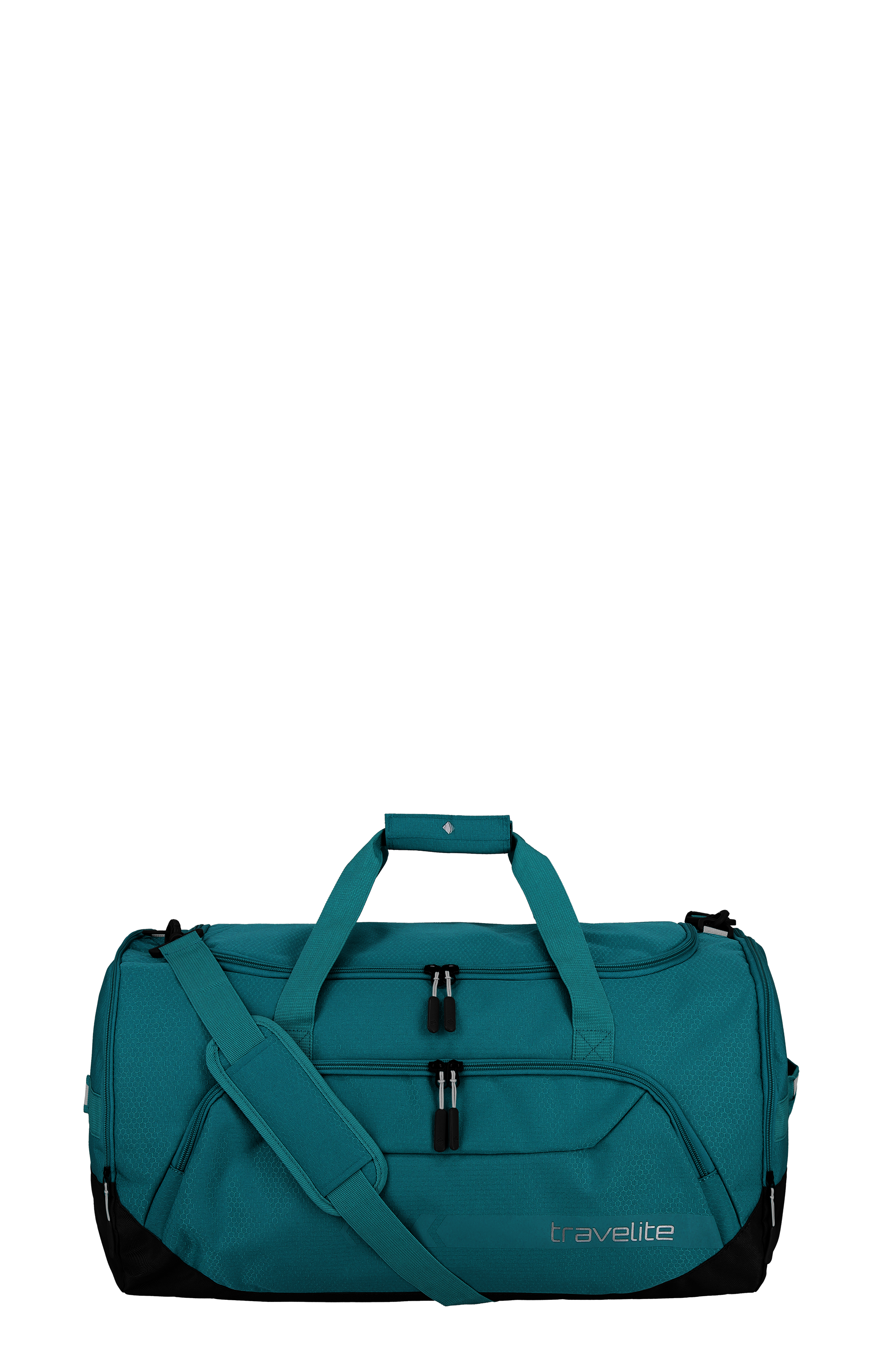 A TRAVELITE leisure bag in petrol with black accents. The bag has short handles, a shoulder strap and two zip compartments on the front. The lettering TRAVELITE can be read on the bottom.