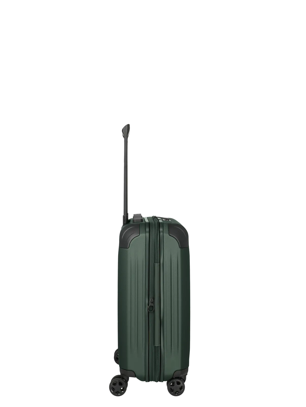 Grüner Hartschalen-Kabinenkoffer mit Teleskopgriff und vier Rollen – Seitenansicht