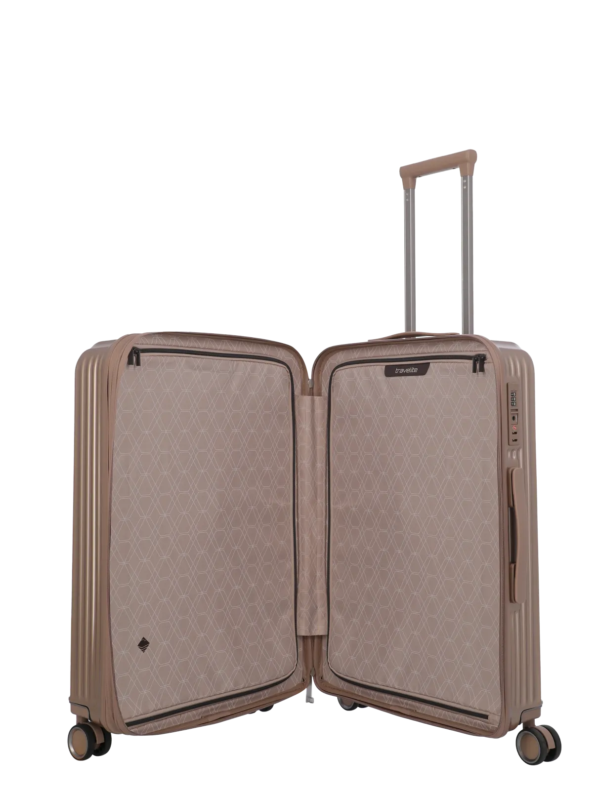 Großer Hartschalen-Trolley in Beige mit vier Rollen und offenem Innenraum, ideal für Reisen