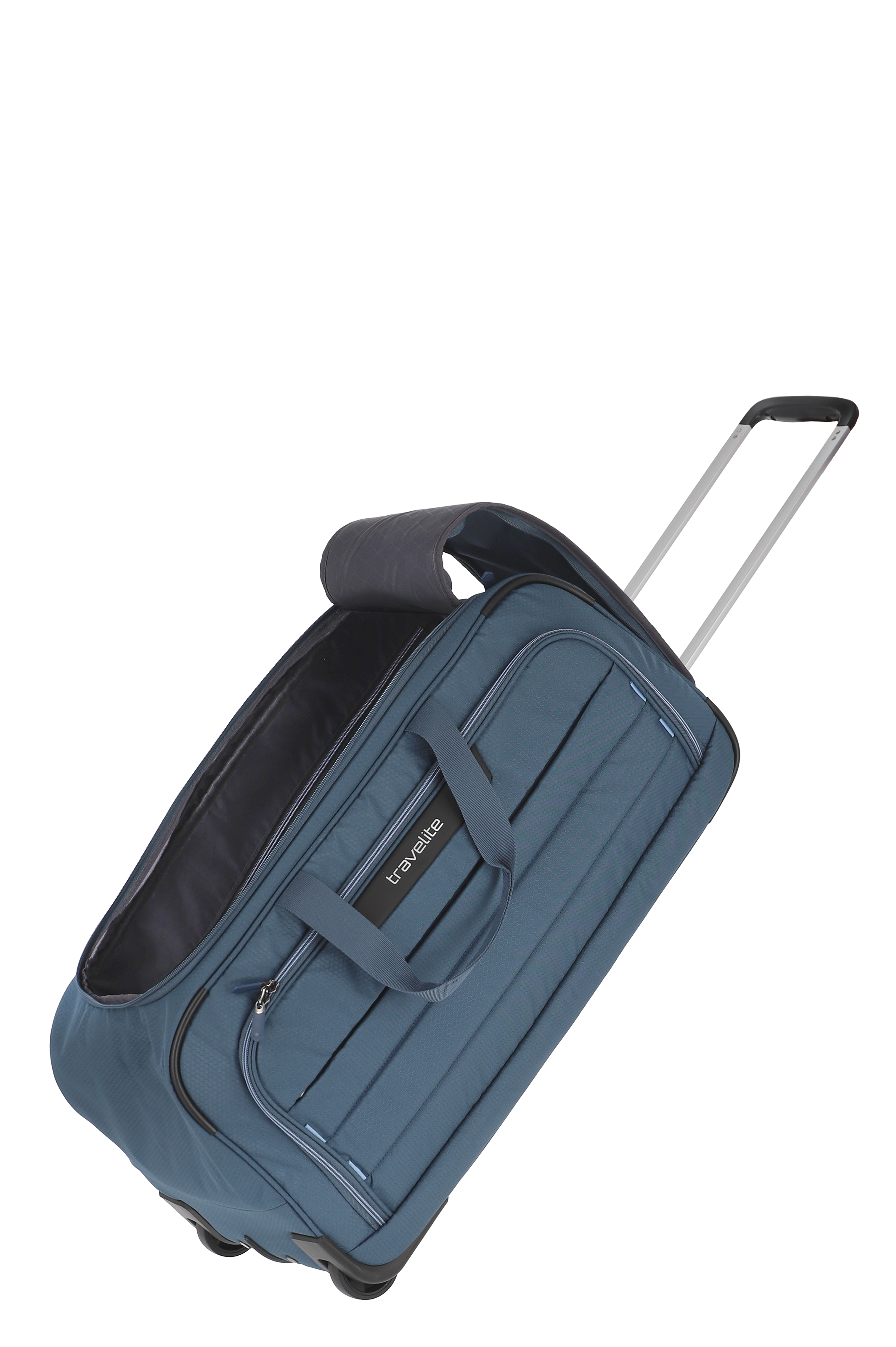 Blaue Reisetasche mit Rollen und Teleskopgriff von travelite – praktischer Trolley für Reisen