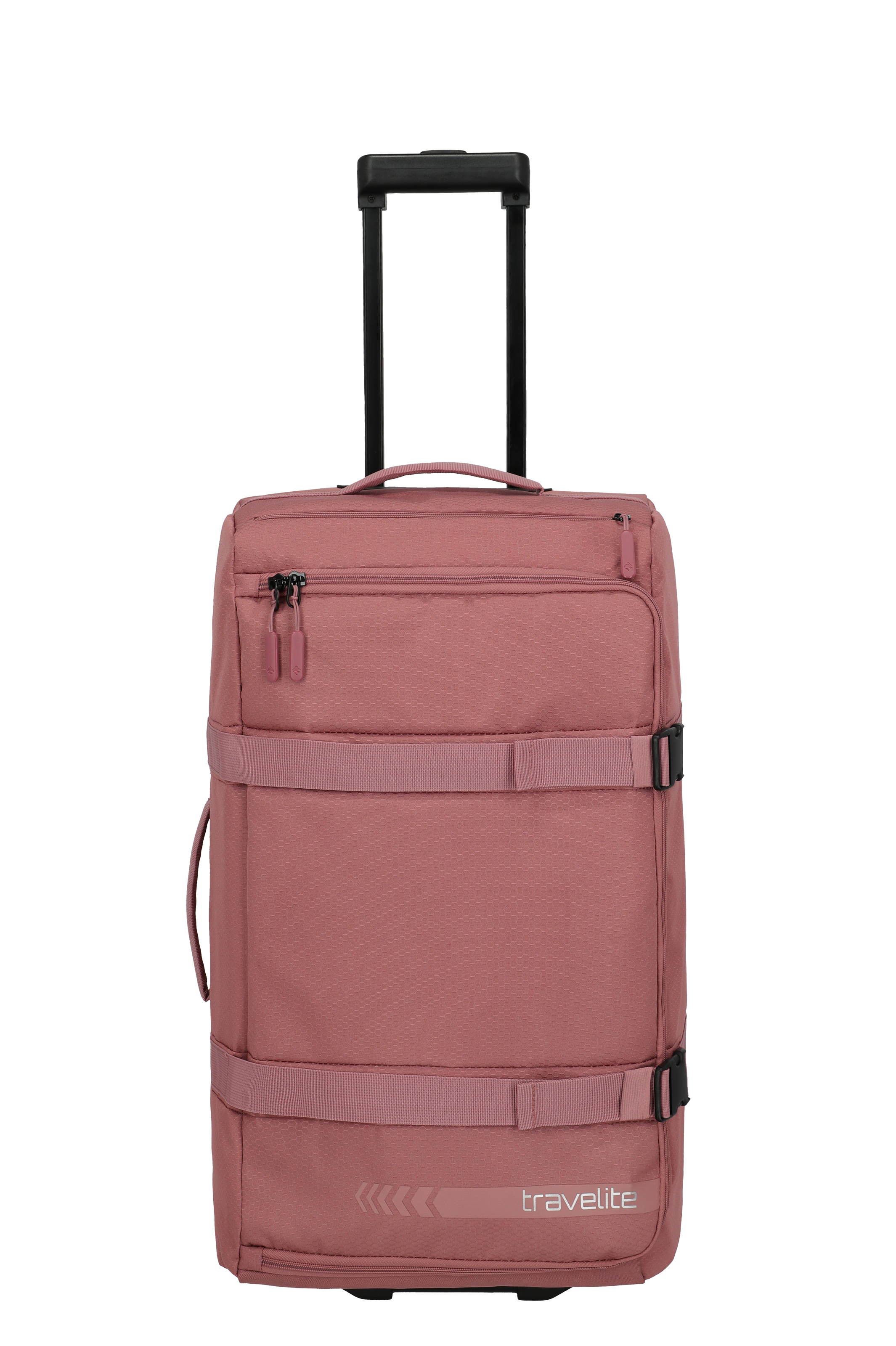 Sac de voyage à roulettes rose de TRAVELITE, orientation frontale, poignée extensible en haut, deux sangles de serrage sur le corps principal. Une poche zippée en haut du sac, le logo TRAVELITE en bas.