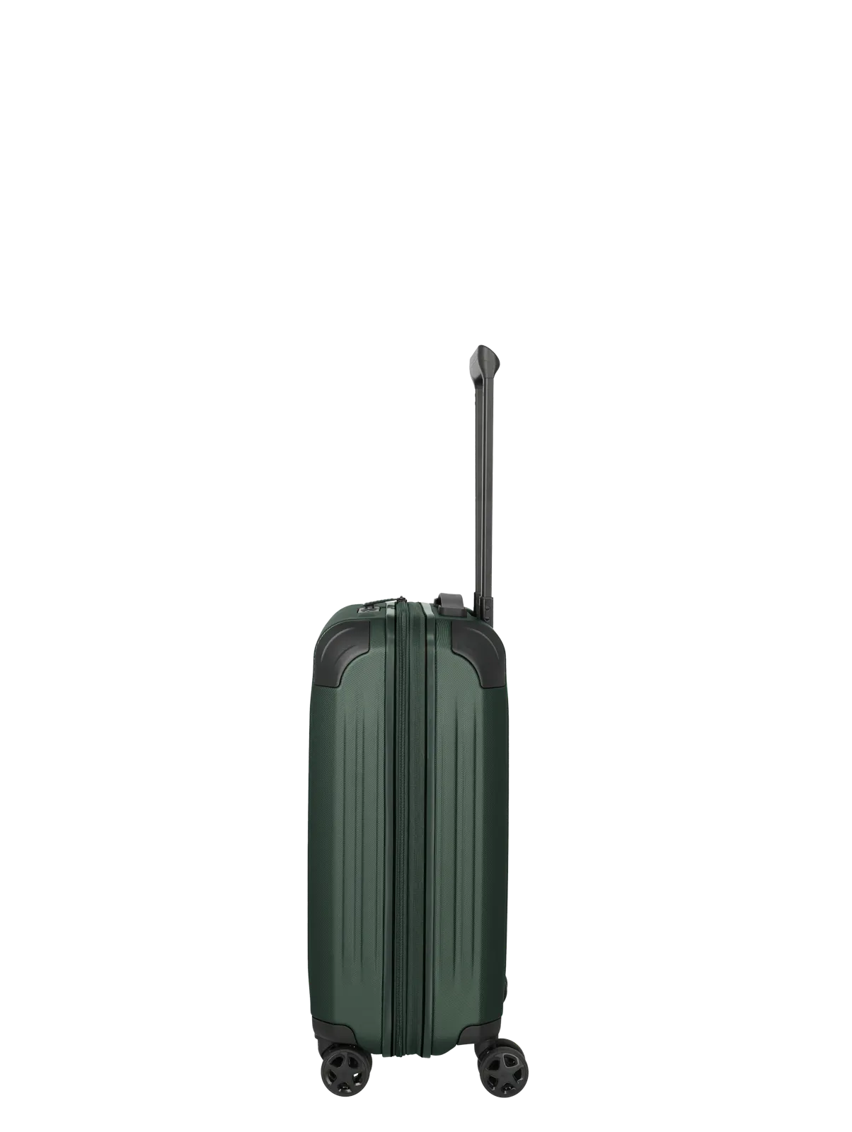Stabiler Hartschalenkoffer in Dunkelgrün, seitliche Ansicht mit Teleskopgriff und 4 Rollen