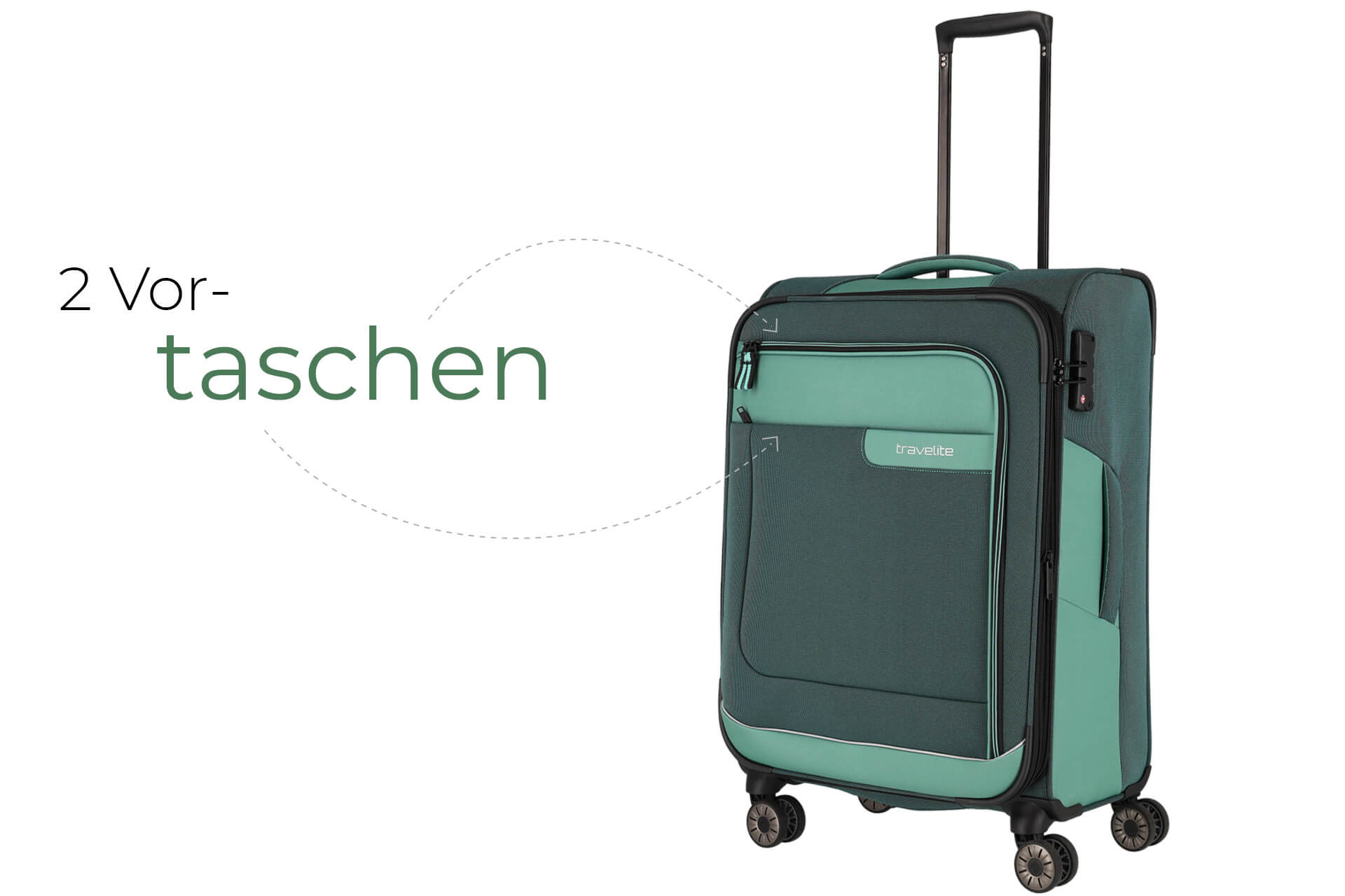 travelite Viia Koffer eukalyptus 2 Vortaschen Eukalyptus Viia Weichgepäck Koffer schräg Ansicht von travelite Größe 2 Vortaschen