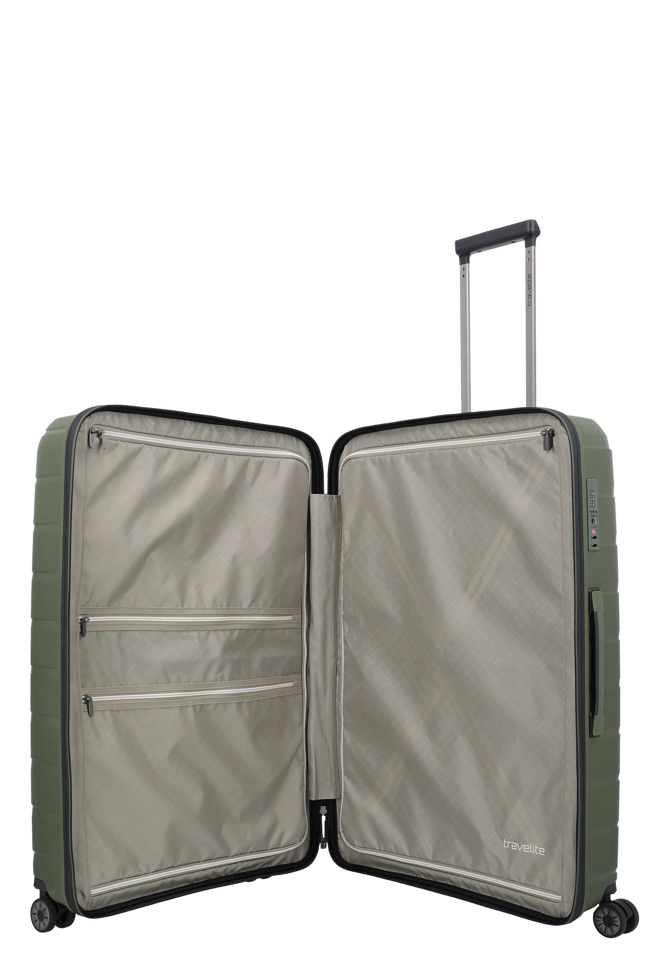 Großer, geöffneter Hartschalenkoffer mit Teleskopgriff und mehreren Innenfächern, ideal für Reisen