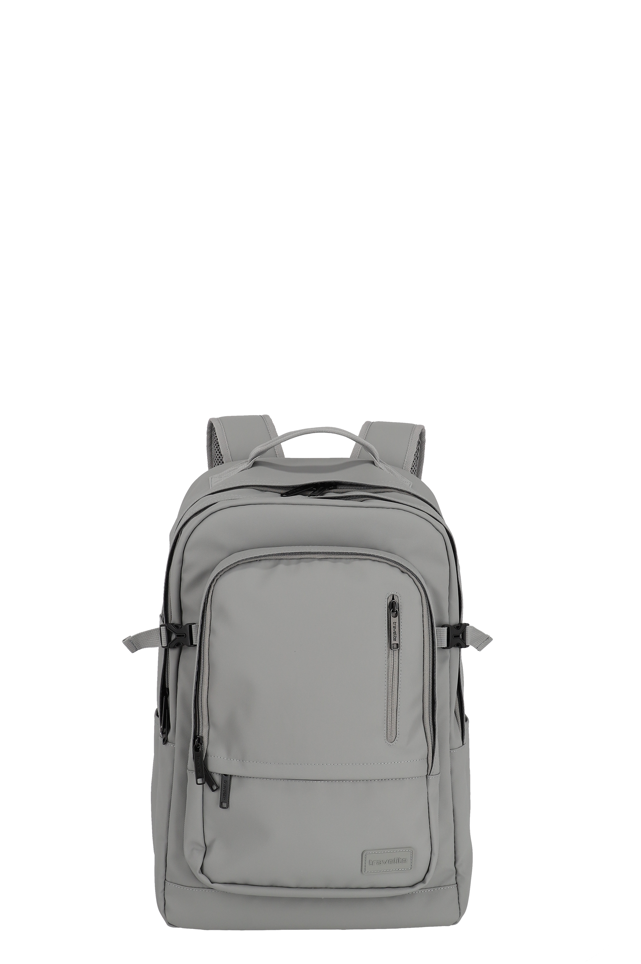 Zaino grigio di TRAVELITE BASICS con scomparto principale e tasca frontale. Zip su entrambi gli scomparti. Cinghie laterali regolabili. Spallacci imbottiti e maniglia superiore. Logo TRAVELITE rettangolare sul fondo.