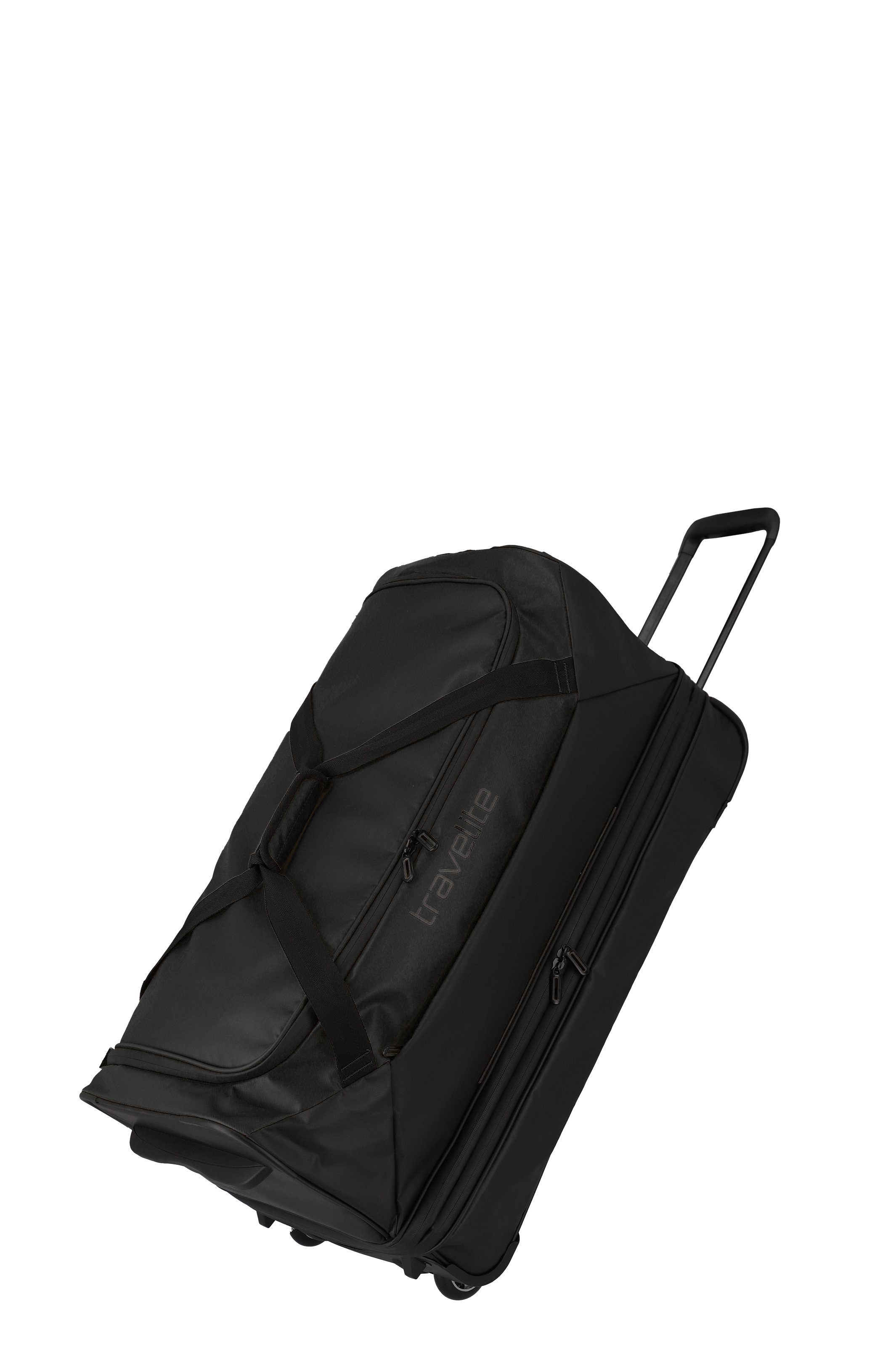 Borsa da viaggio nera espandibile con ruote di TRAVELITE, raffigurata in diagonale dal davanti. Il trolley ha una maniglia estensibile, cinghie di trasporto e cerniere. Il logo TRAVELITE è stampato su di esso.