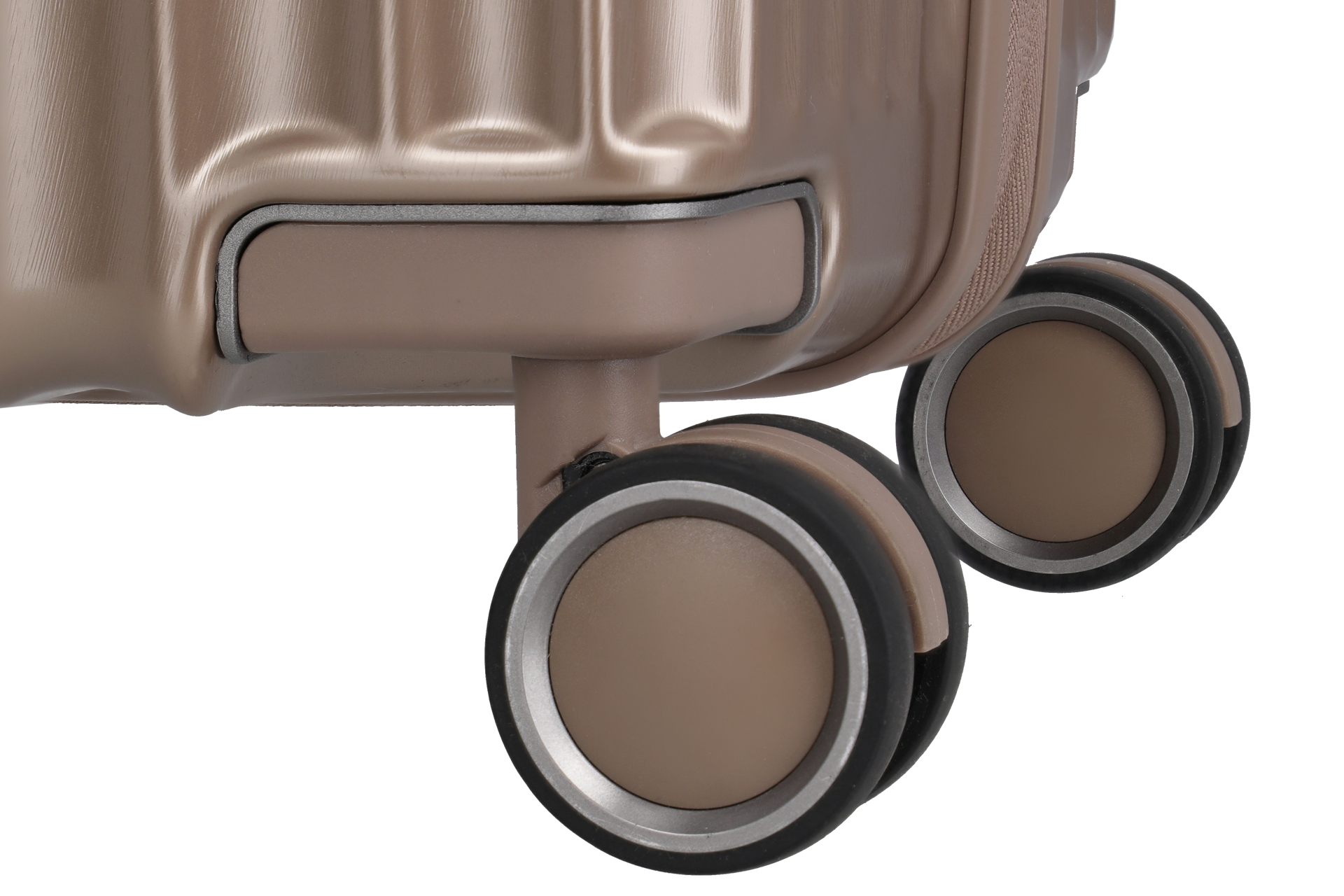 Detailansicht Zwillingsrollen eines modernen Hartschalenkoffers in Beige Nahaufnahme von zwei Doppelrollen an einem beigen Hartschalenkoffer, ideal für leichtes und leises Reisen