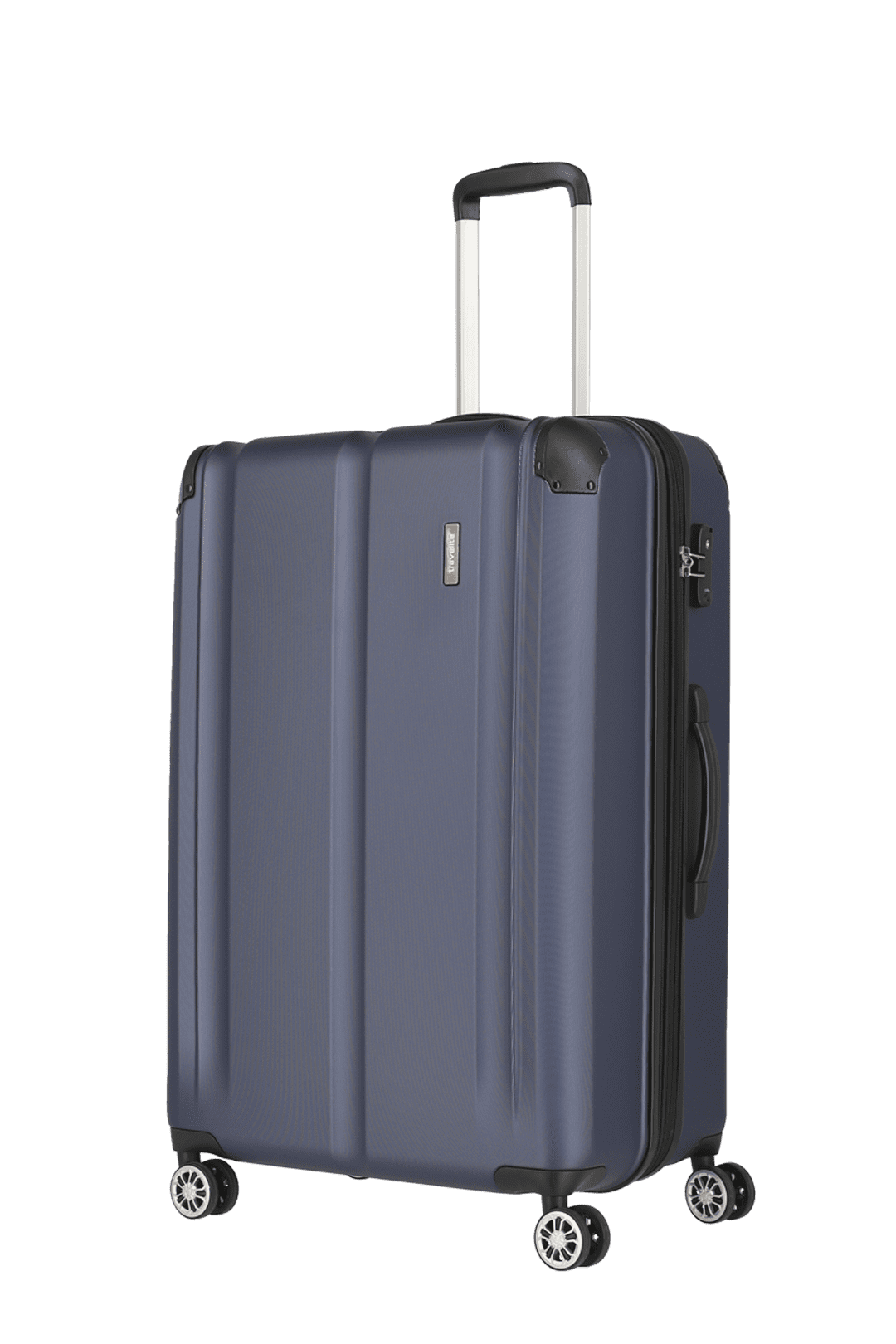 Eleganter blauer Hartschalenkoffer mit Teleskopgriff und vier Rädern