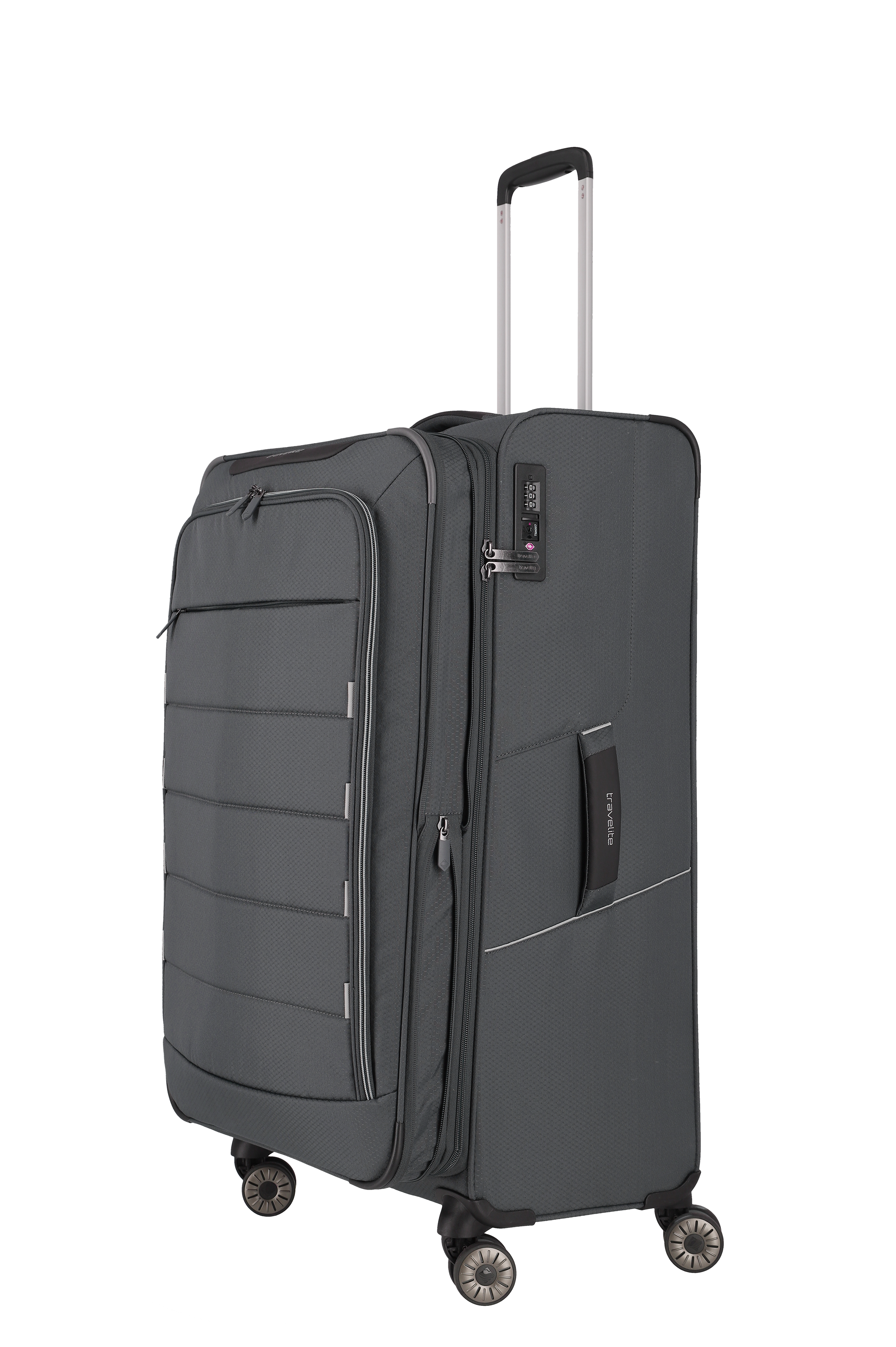 Großer, grauer Reisetrolley mit 4 Doppelrollen und Teleskopgriff - stabiles Design für komfortables Reisen