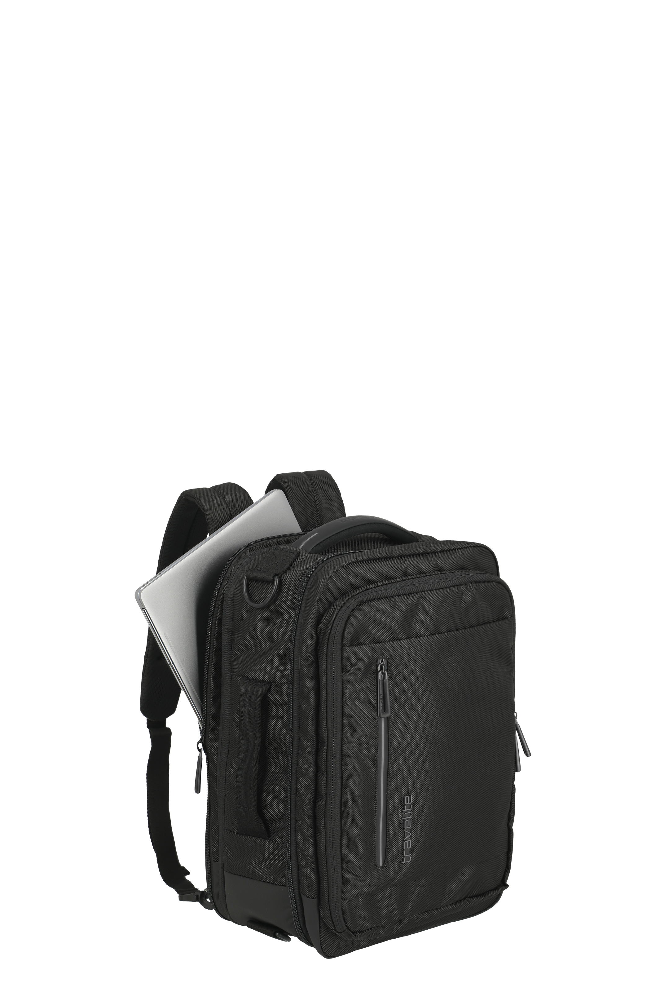 Schwarzer Laptop-Rucksack mit mehreren Fächern und Reisverschluss, ideal für Arbeit und Reisen