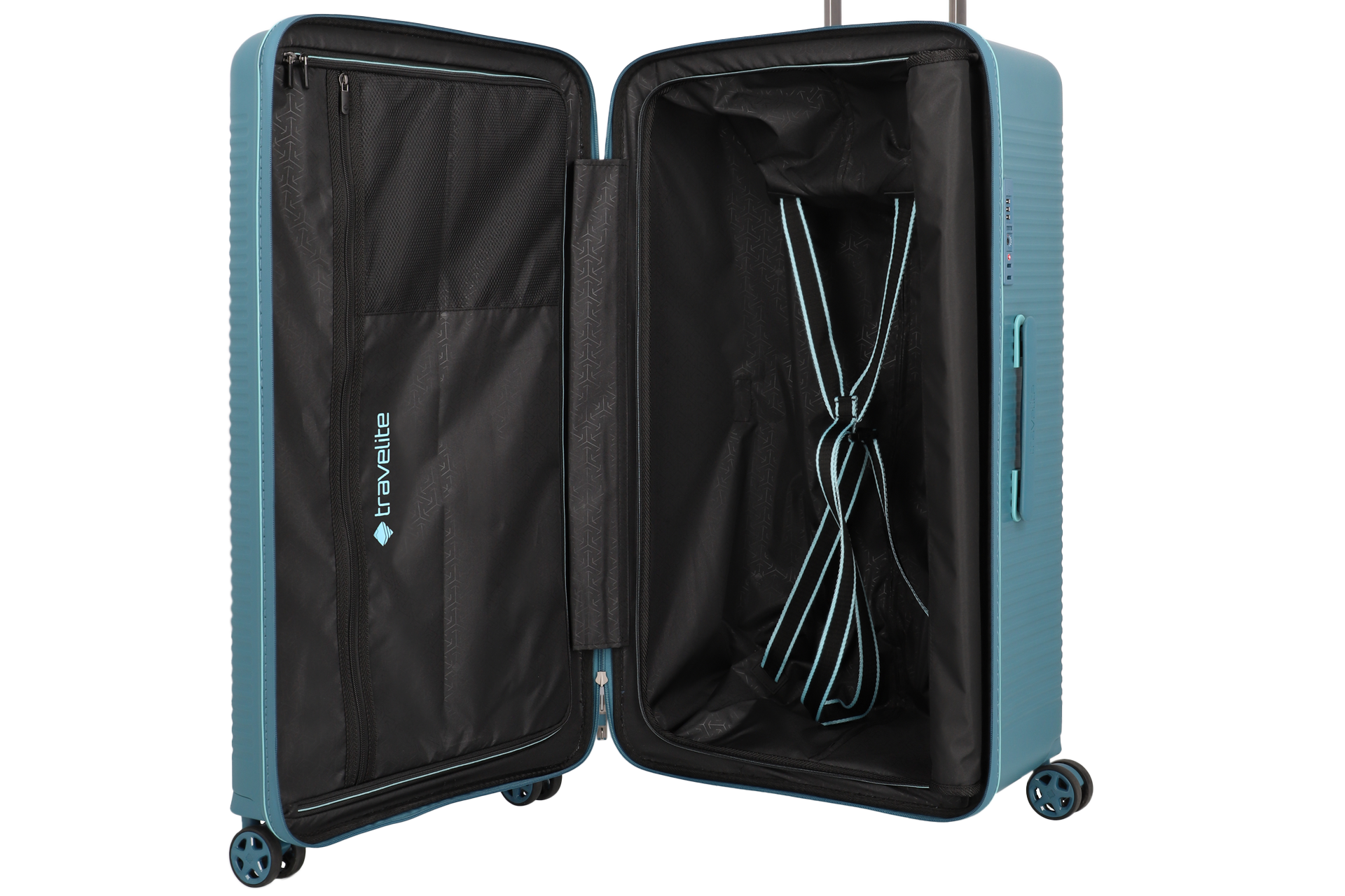 Geöffneter Hartschalenkoffer in Blau mit Innenfächern und Spanngurten von Travelite Offener blauer Hartschalenkoffer mit Netzfach, Innenfutter und Spanngurten, geeignet für Reisen