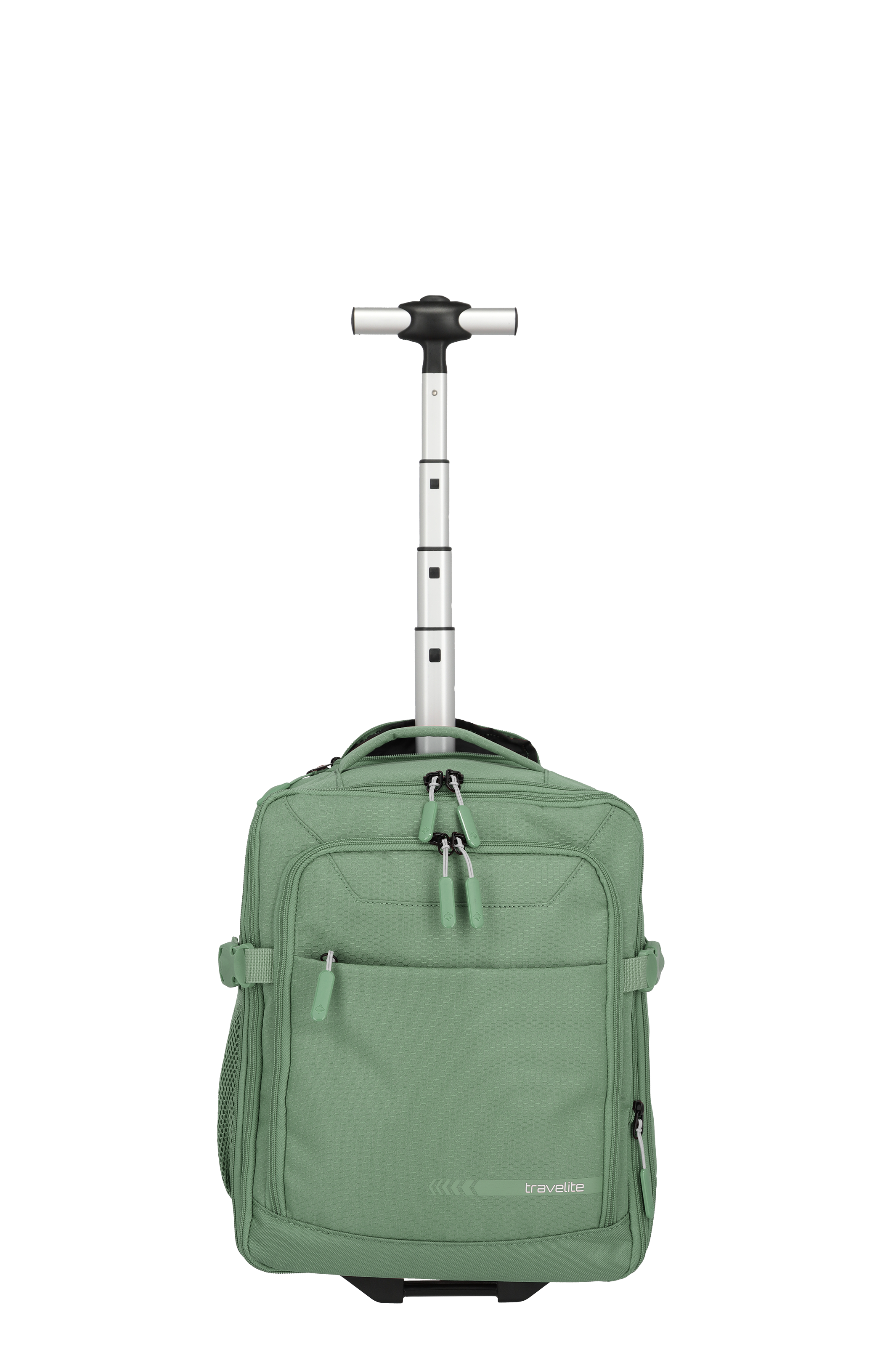 Ein grüner Rollrucksack der Marke Travelite mit ausziehbarem, silbernem Griff steht vor schwarzem Hintergrund. Oben ist ein schwarzes T-Stück. Der Rucksack hat mehrere Fächer, Reißverschlüsse und ein seitliches Netzfach.