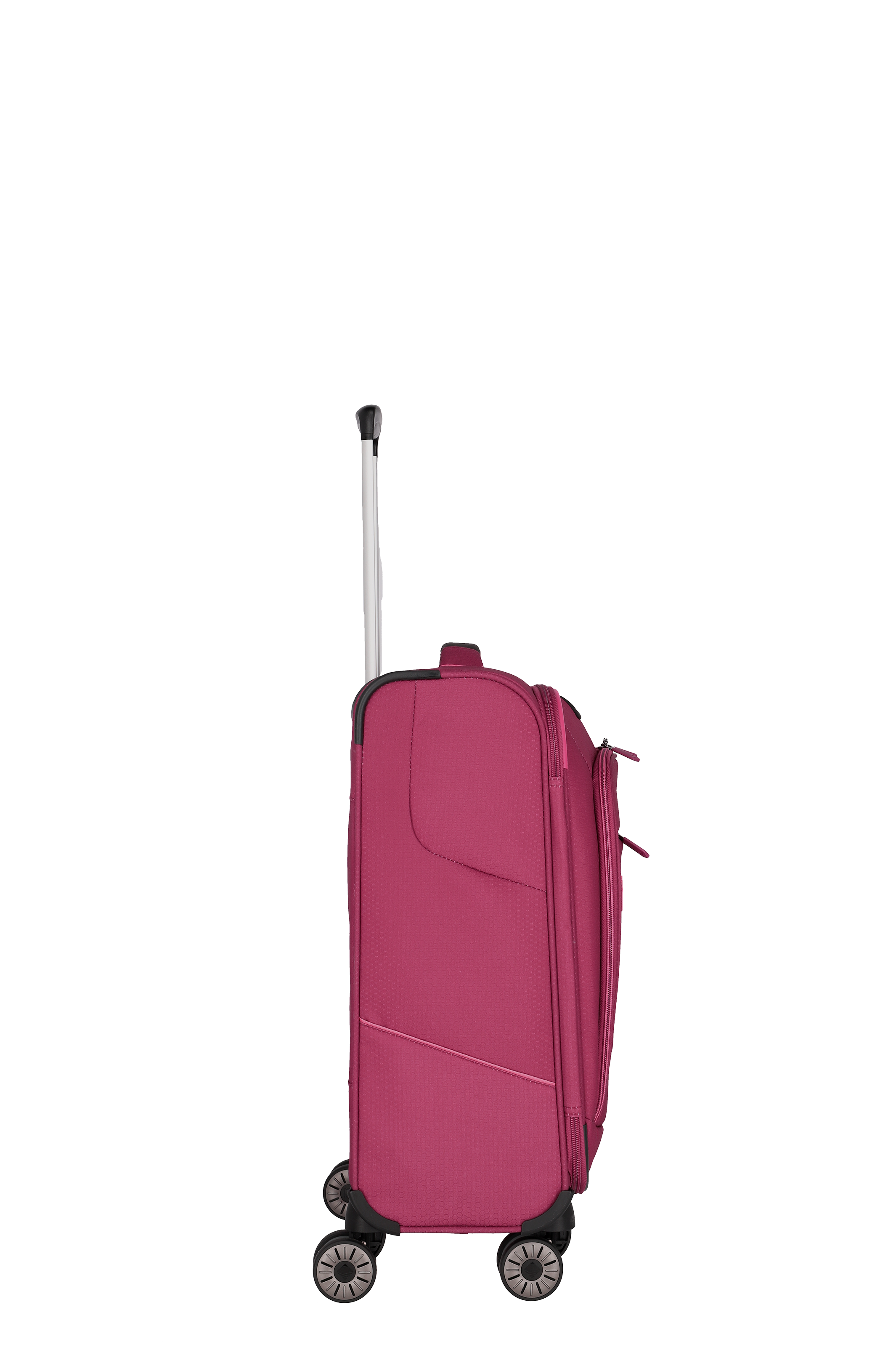 Leichter, pinkfarbener Trolley mit vier Rollen und ausziehbarem Griff – ideal für Reisen