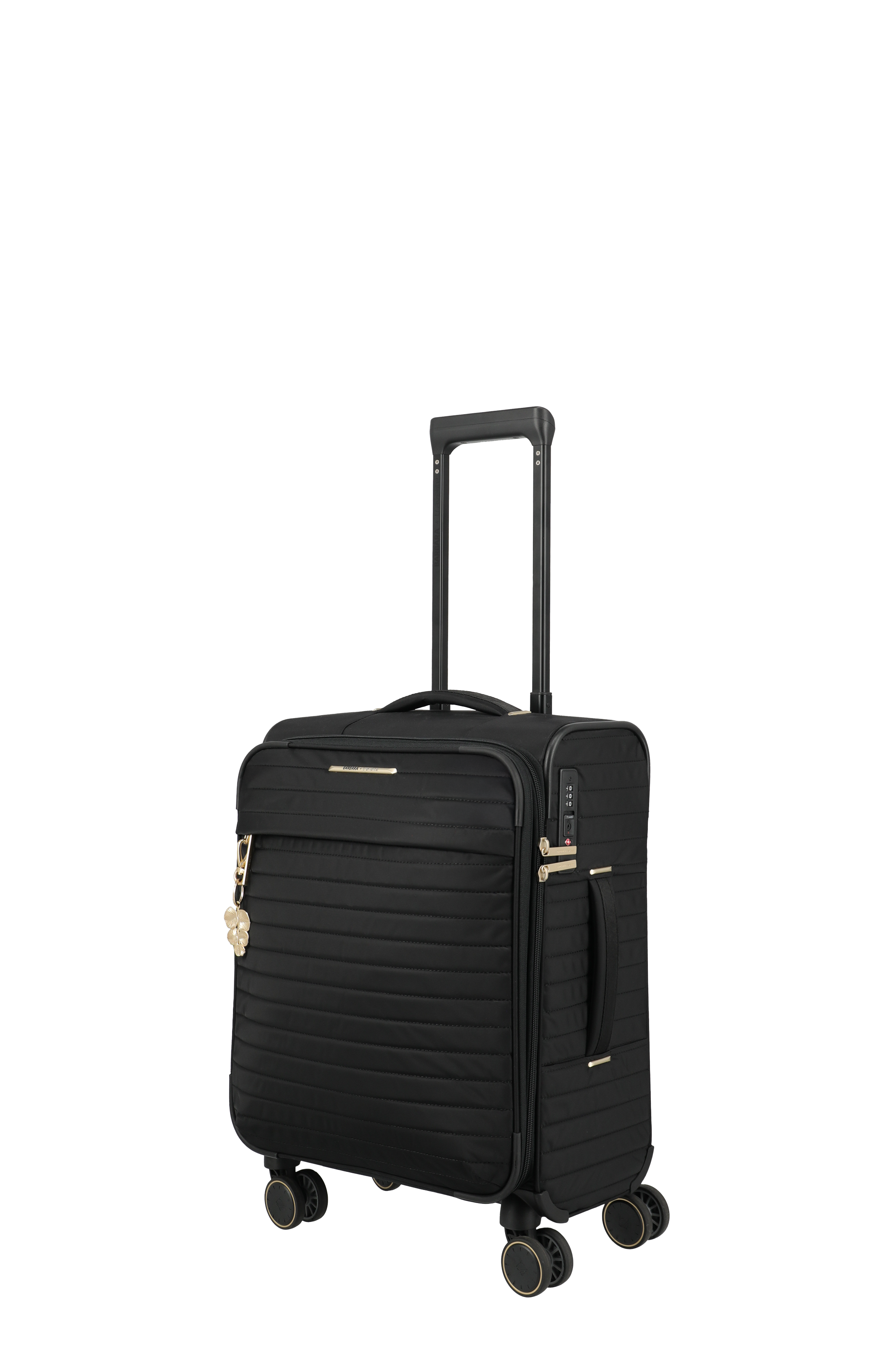 Eleganter schwarzer Kabinentrolley mit vier Rollen und Goldakzenten, ideal für Geschäftsreisen