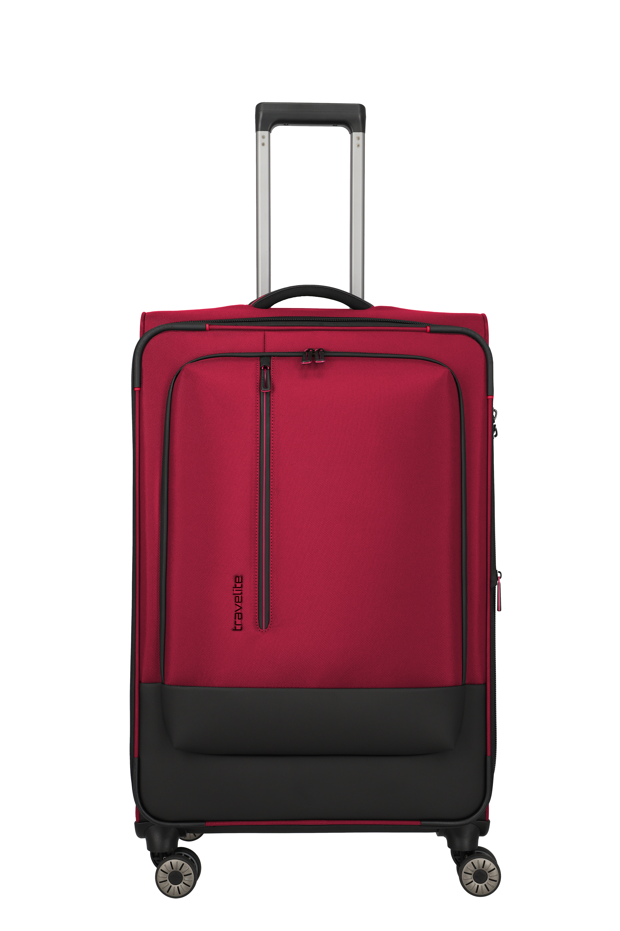 Roter Koffer mit vier Rollen und ausziehbarem Griff, Modell von Travelite, ideal für Reisen
