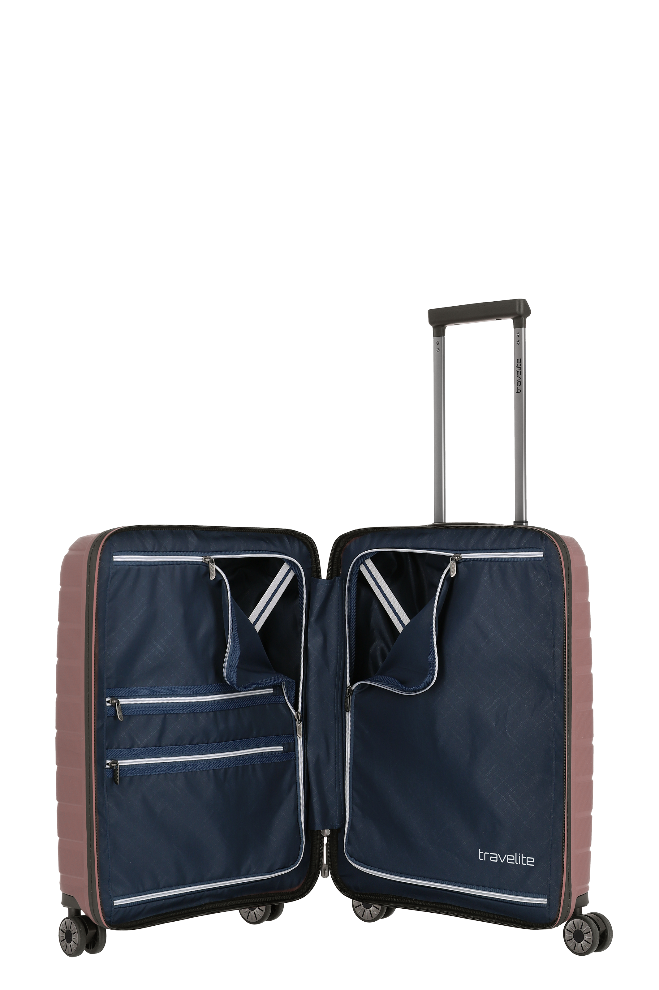 Geöffneter Hartschalenkoffer in Braun mit vier Rollen und organisiertem Innenfach – Travelite