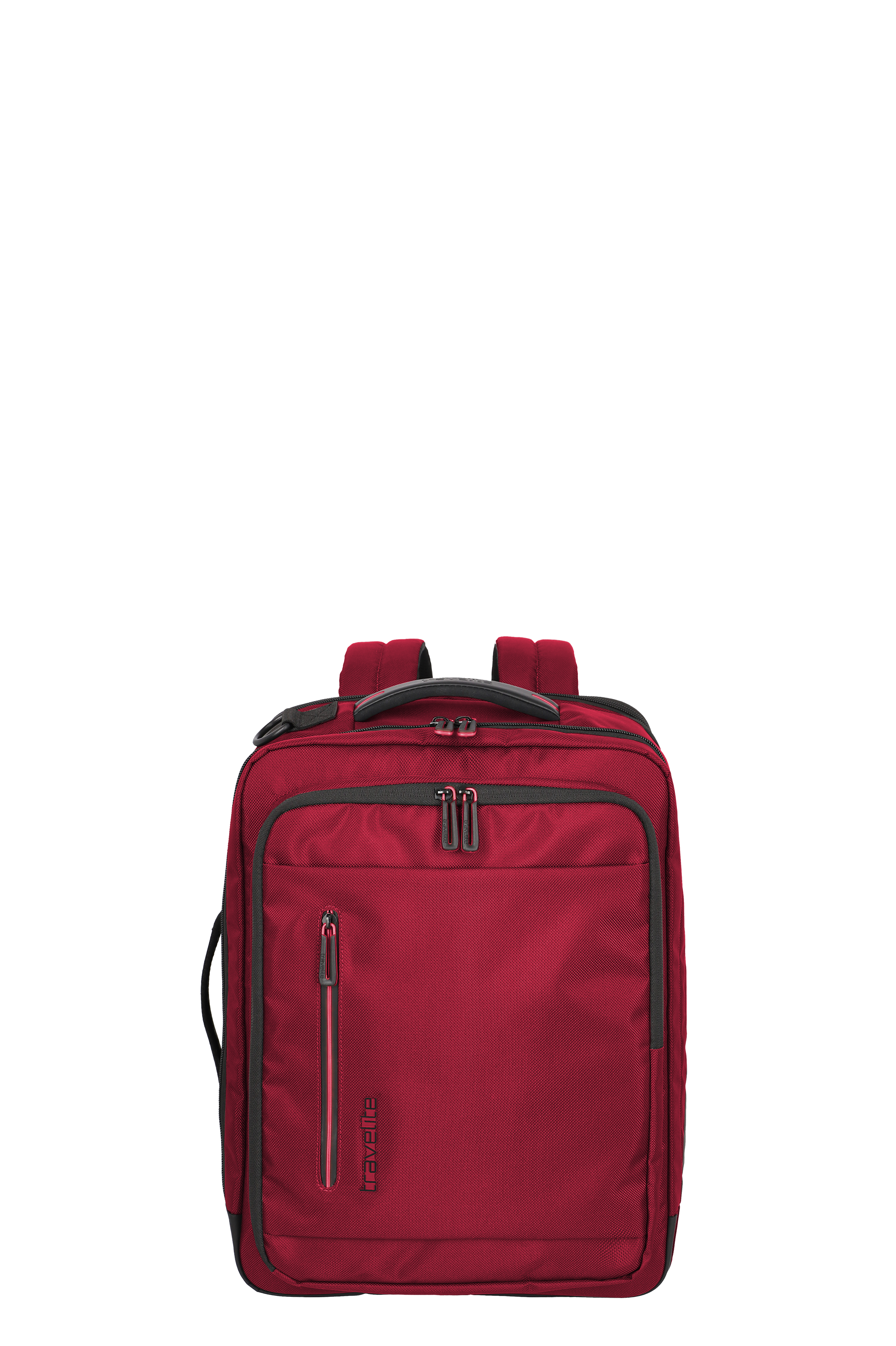 Abbildung eines roten Travelite Rucksacks, vorne mit zwei Reißverschlussfächern und gepolsterten Schultergurten