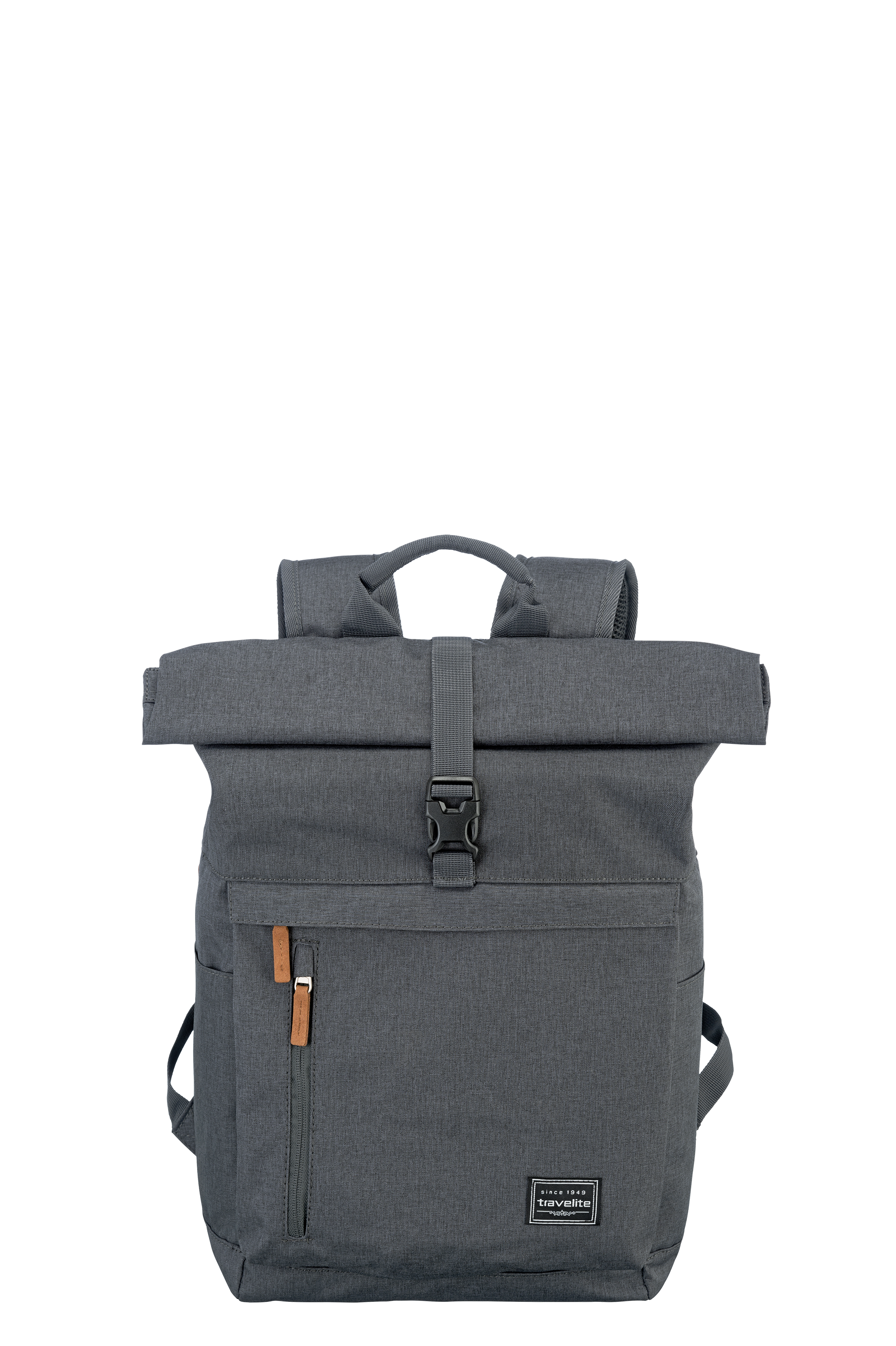 Grey backpack with roll top, front pocket and carrying handles