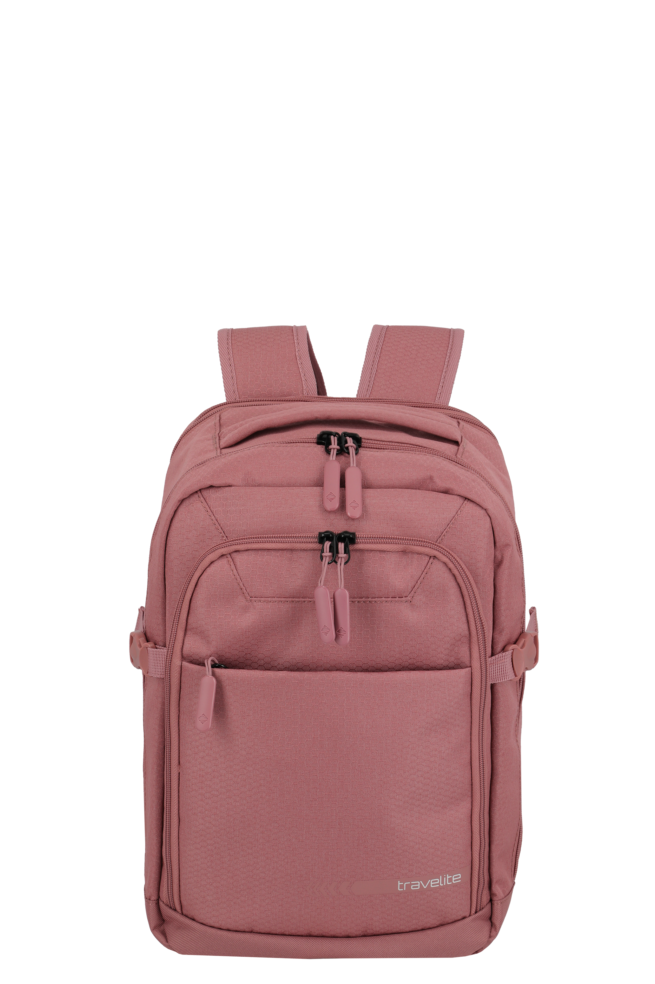 Vista frontale di uno zaino TRAVELITE rosa con maniglie per il trasporto, diverse tasche con zip e il logo TRAVELITE. La texture dello zaino è leggermente alveolata. Sfondo nero.